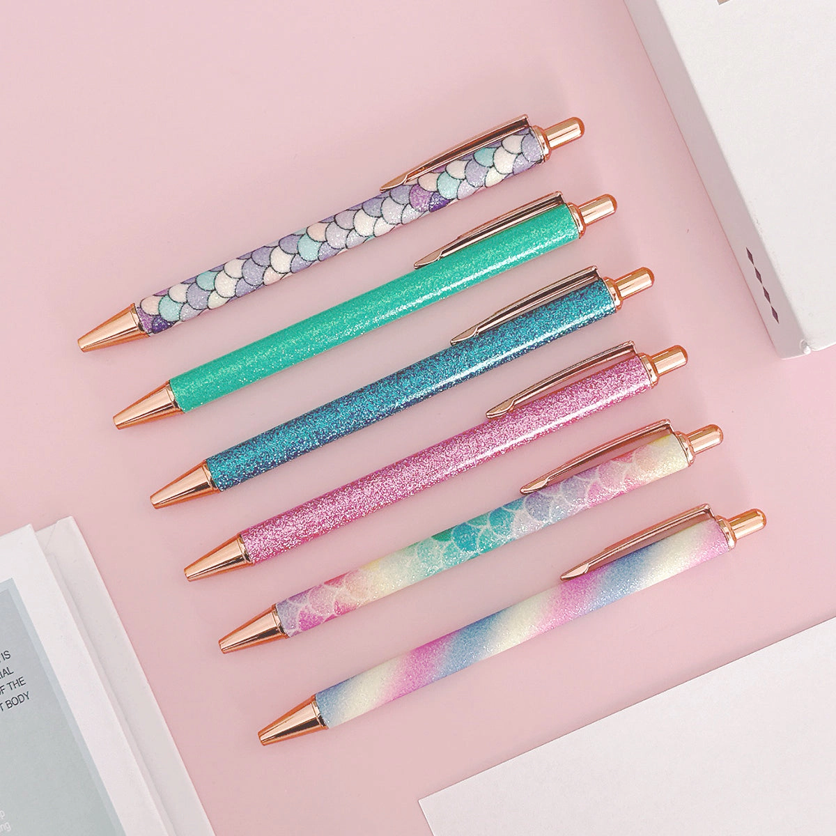 Wrapables Glitter Ballpoint Pens for Women, 1.0mm Medium Point Retractable Metal Pens, Set of 6