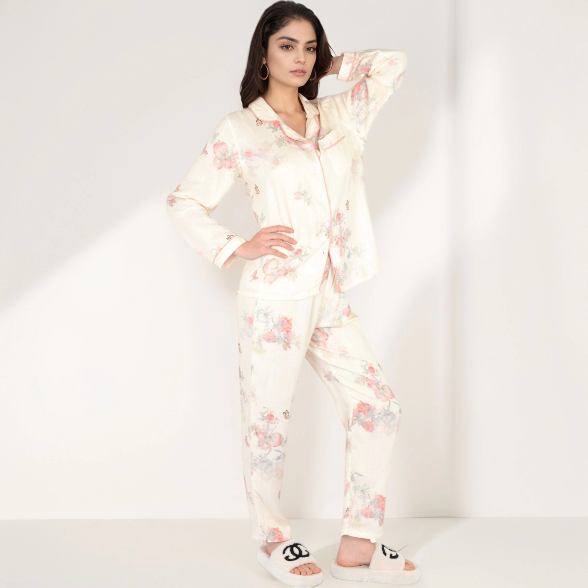 Anna-Kaci Women's Floral Butterfly Print Long Sleeve Pajama Set with Button Up Top Chest Pocket and Relaxed Fit Pants
