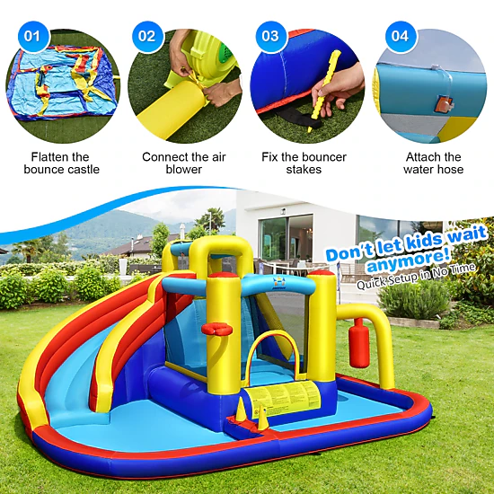 LJG Kids 7-in-1 Inflatable Water Slide with 735W Air Blower and Splash Pool