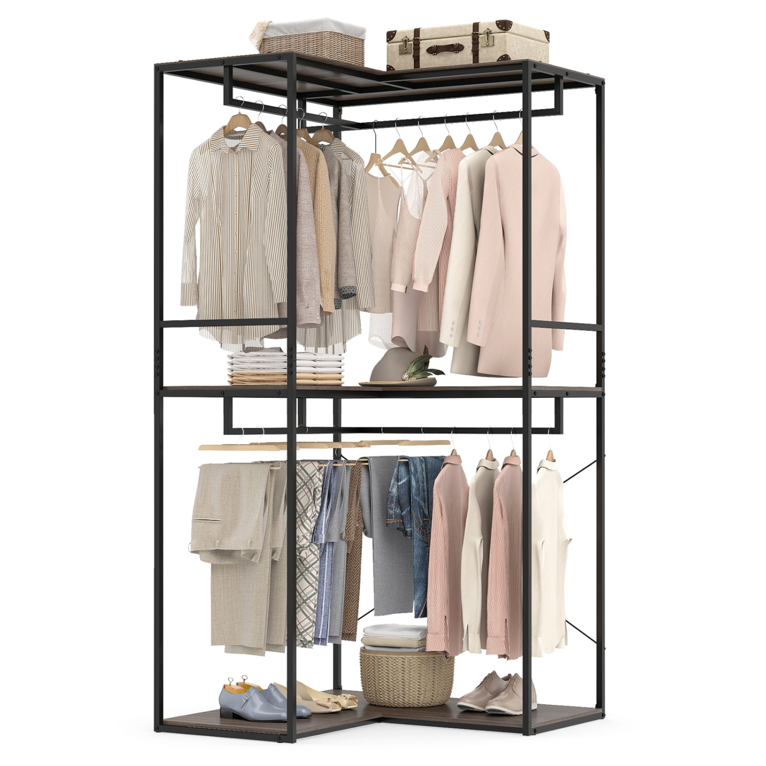SUGIFT 3-Tier 79-in 375-lb Capacity Black Brown Heavy Duty Clothes Rack with 3 Shelves and 2 Hanging Racks