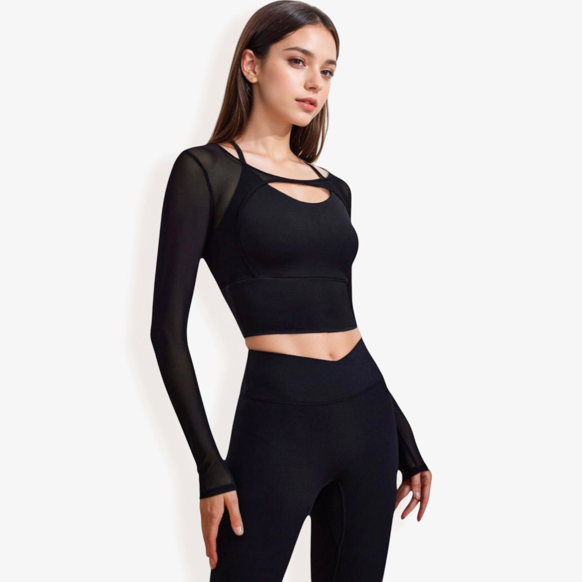 Anna-Kaci Women's Long Sleeve Mesh Cropped Activewear Top with Cutout Detail and Sheer Sleeves - Small, Light Beige