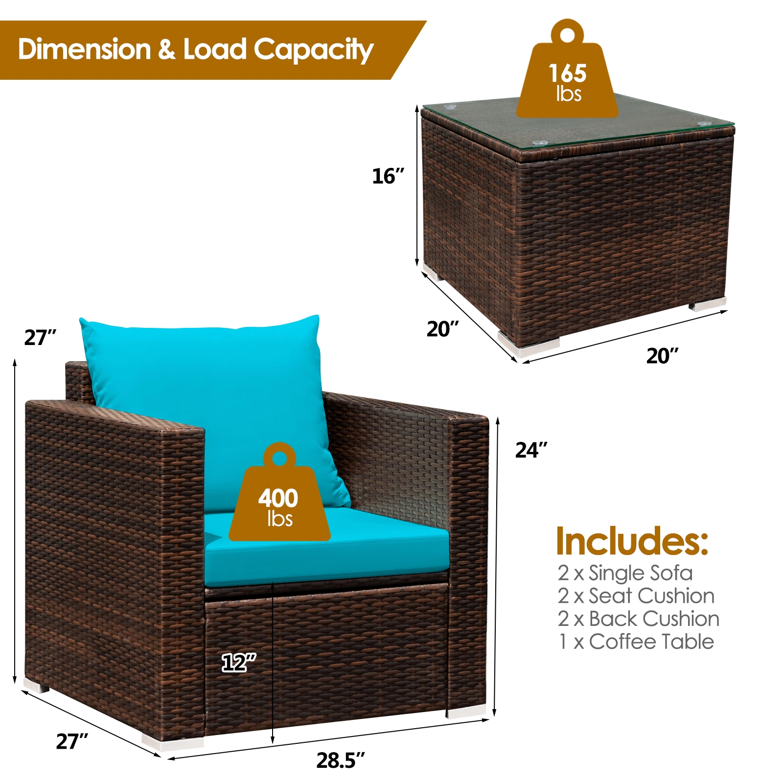 SUGIFT 20 in Glass Top Coffee Table 3-Piece Turquoise Patio Rattan Conversation Set