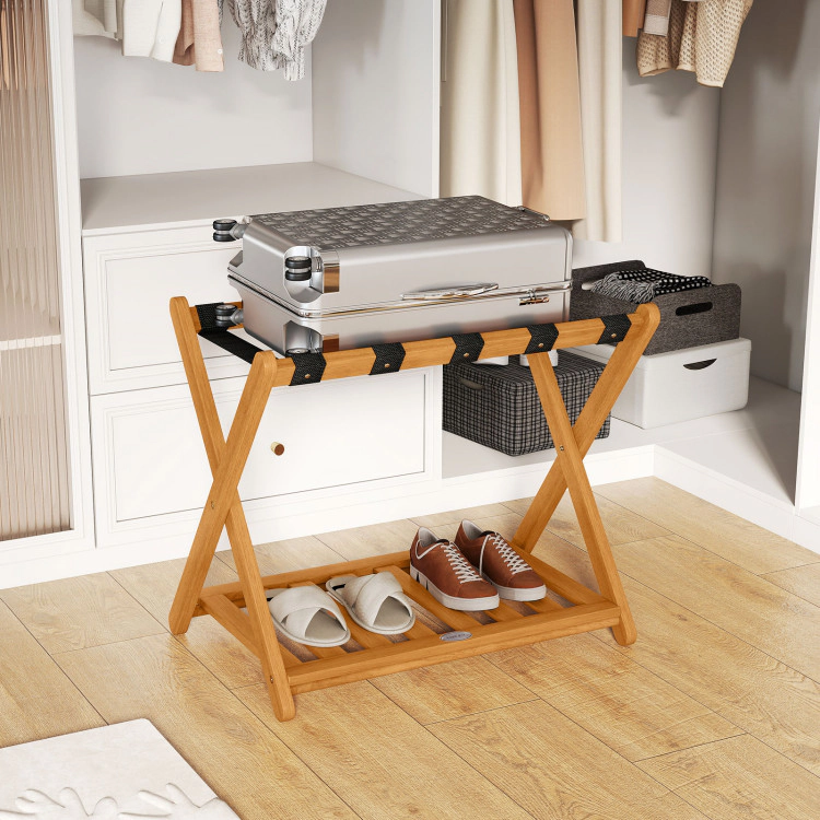 Hivvago Set of 2 Folding Luggage Racks with 5 Nylon Straps and Slatted Storage Shelf