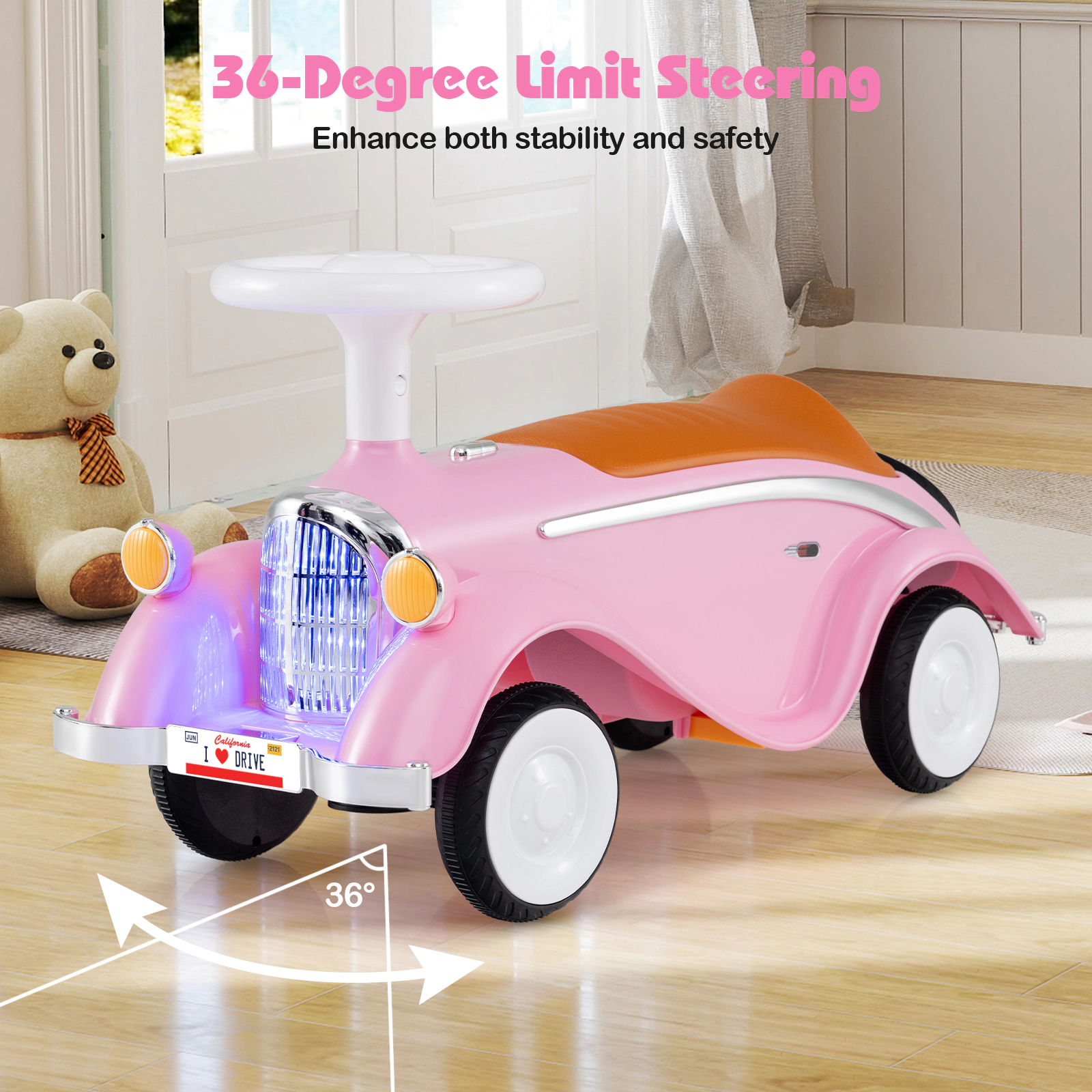Baby Push Car Toddler Sliding Ride On Toy LED Headlight Horn Button Curved Seat Under-Seat Storage 19-36 Months Pink