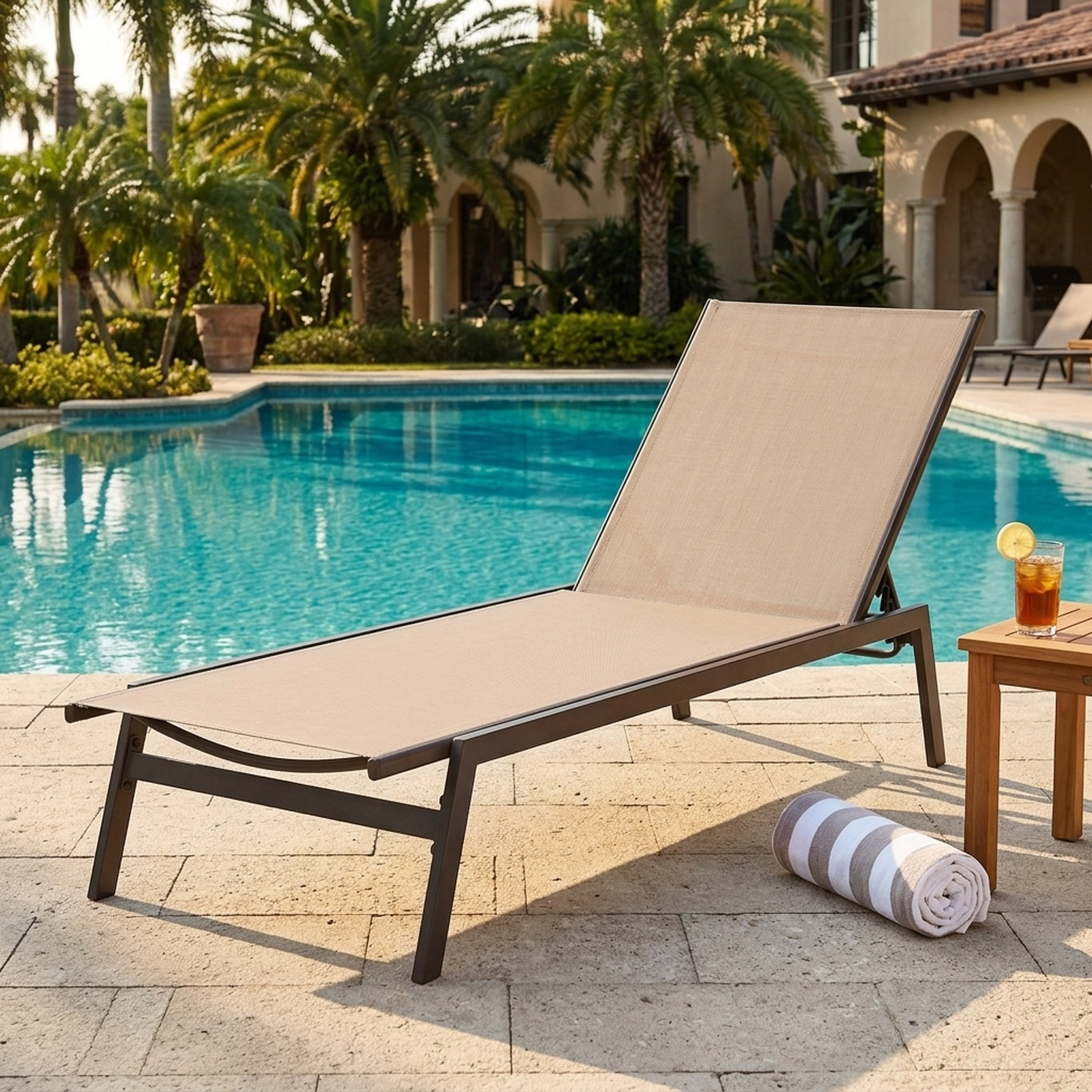 SUGIFT Brown Outdoor Reclining Chaise Lounge with 6-Position Adjustable Backrest