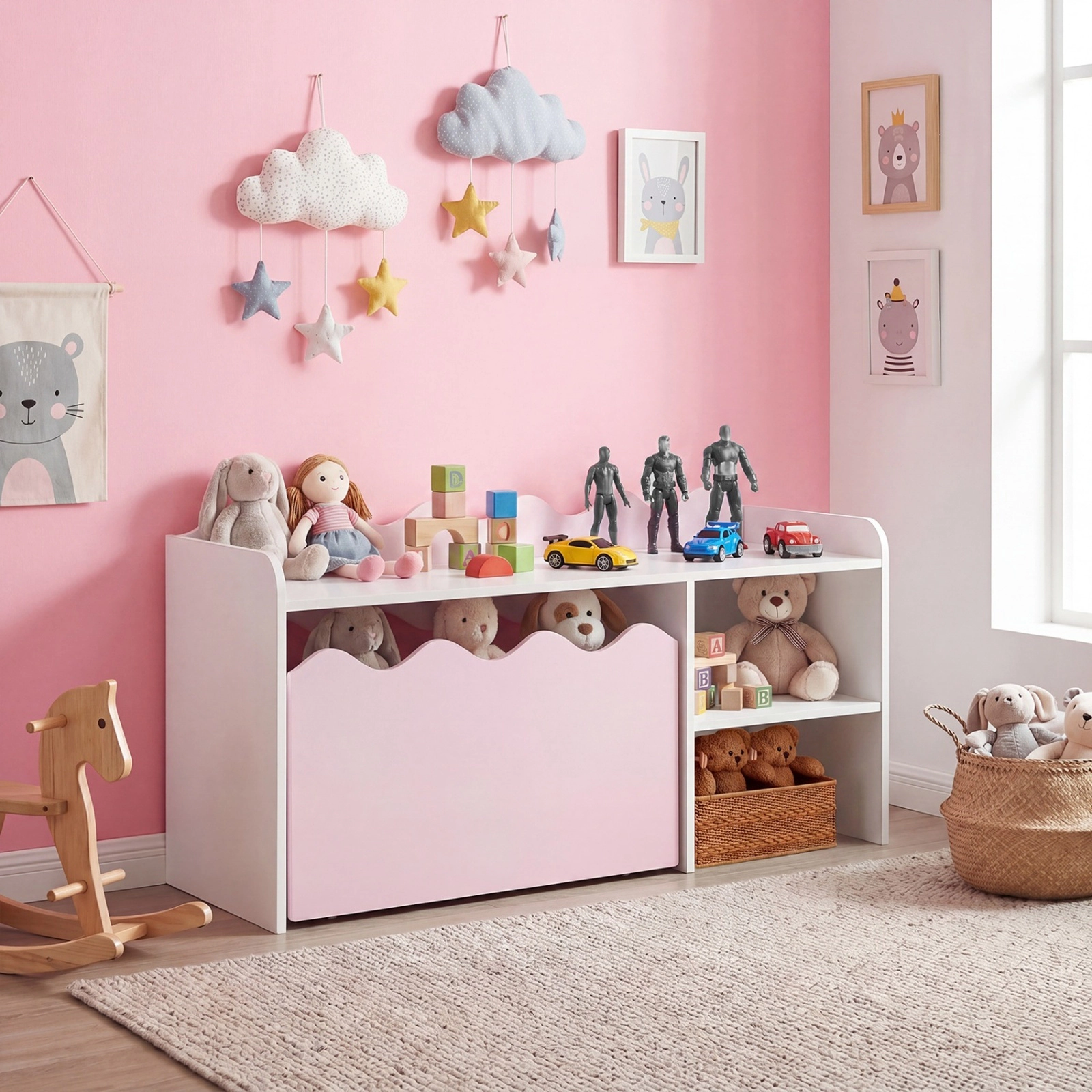 SUGIFT Scalloped Kids Bookshelf and Toy Storage Organizer with Movable Drawer 77-lb Top Capacity 3+ Years Pink + White