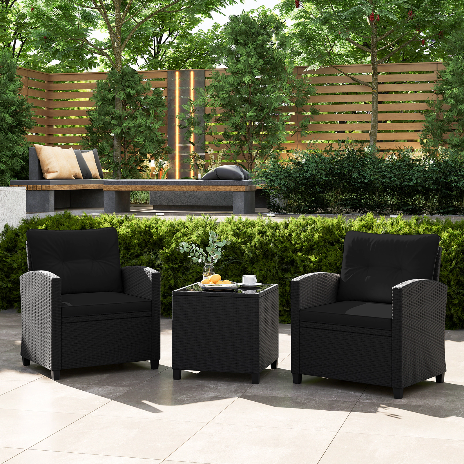 SUGIFT 3-Piece Black PE Rattan Patio Conversation Set with Cushions and Tempered Glass Table