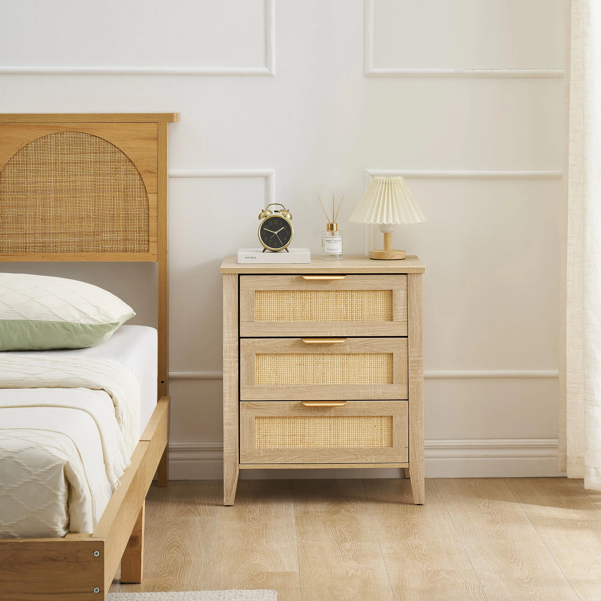 BebreezChic Set of 2 3-Drawer Nightstands with Rattan Fronts and Metal Handles