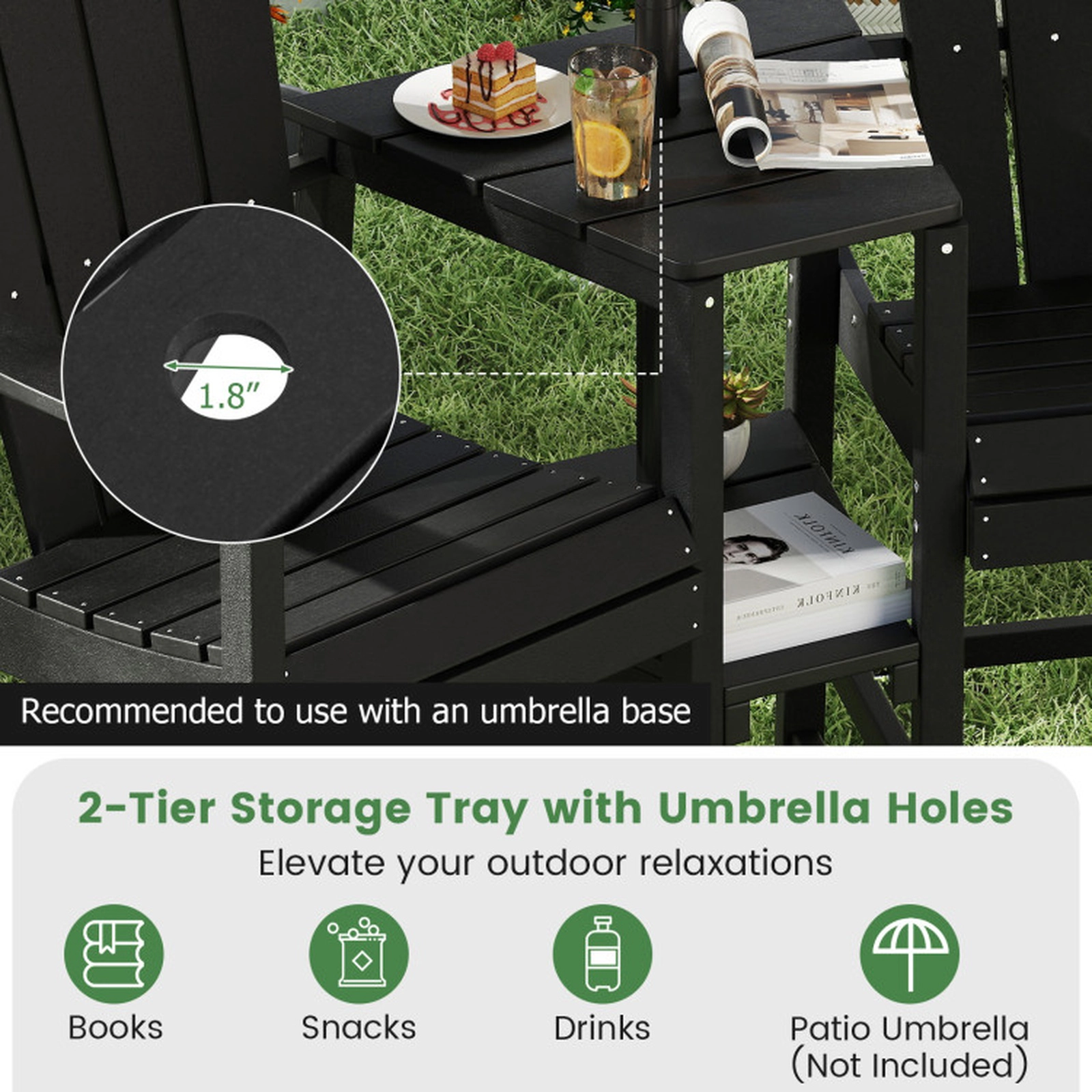 SUGIFT 2-Seat Adirondack Chair Set HDPE with Connecting Tray and Umbrella Hole