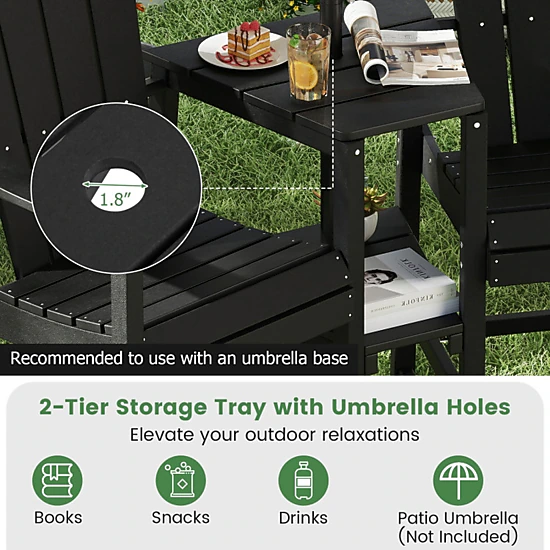 SUGIFT Black 2-Seat HDPE Adirondack Chair Set with Connecting Tray