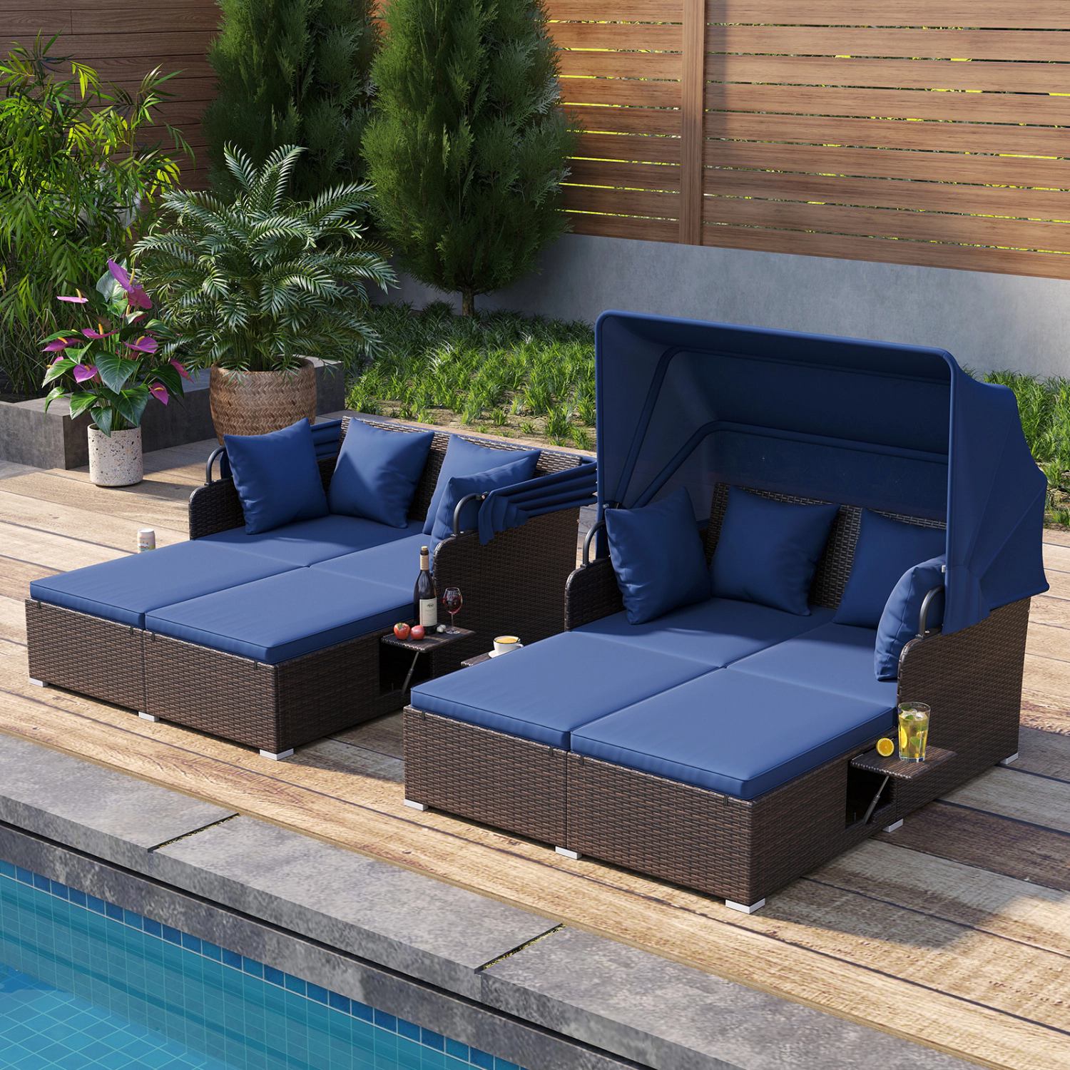 LJG Outdoor Patio Rattan Daybed with Retractable Canopy and Side Tables