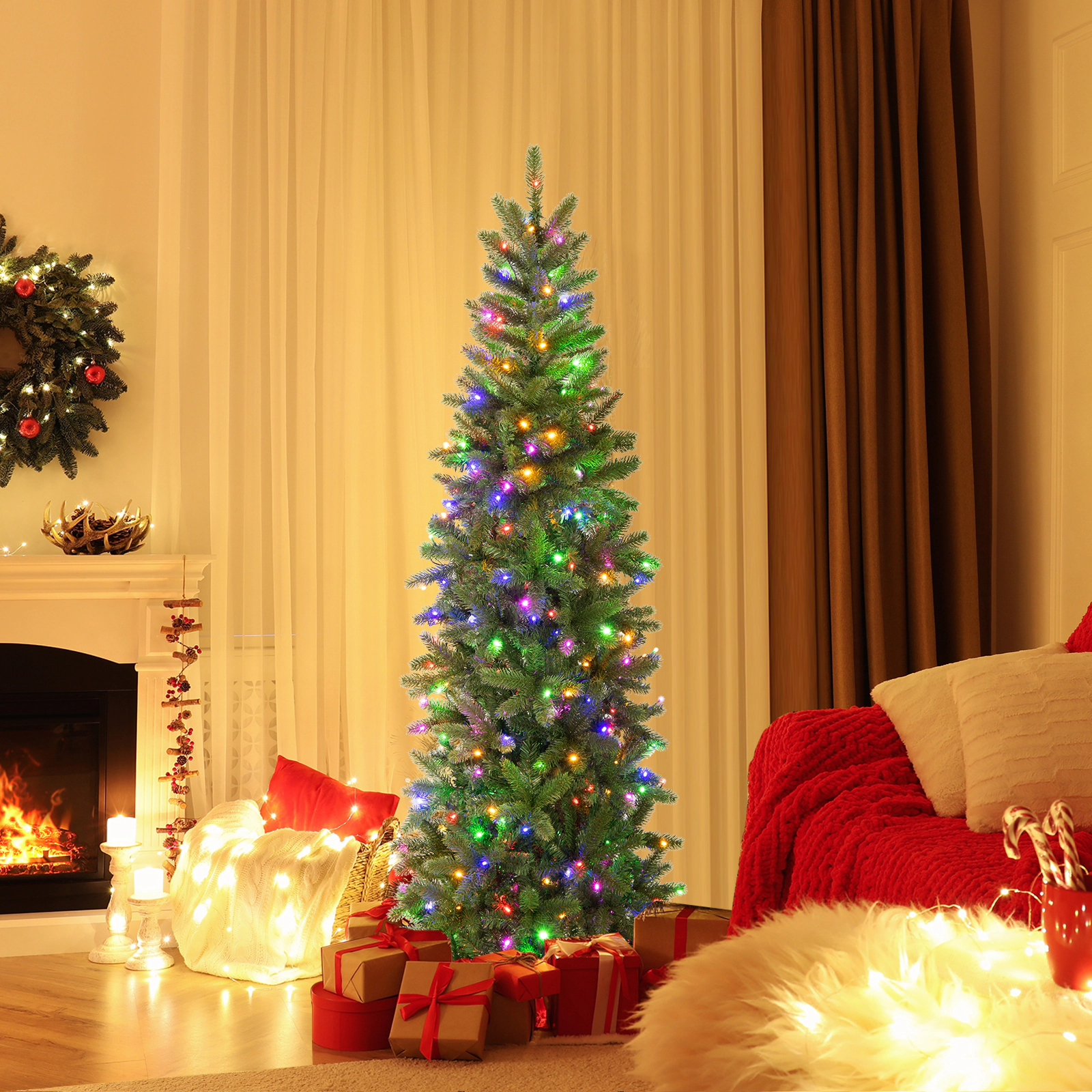 LJG Pencil Christmas Tree with 180 Warm White and Multi-Color LED Lights