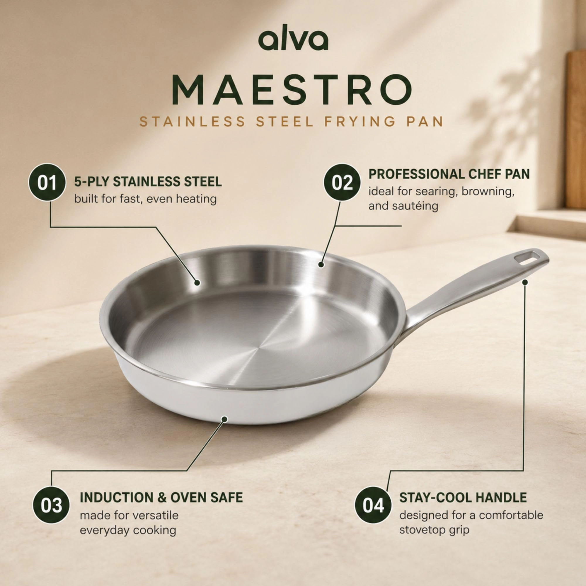 Alva Maestro 5-Ply Stainless Steel Frying Pan