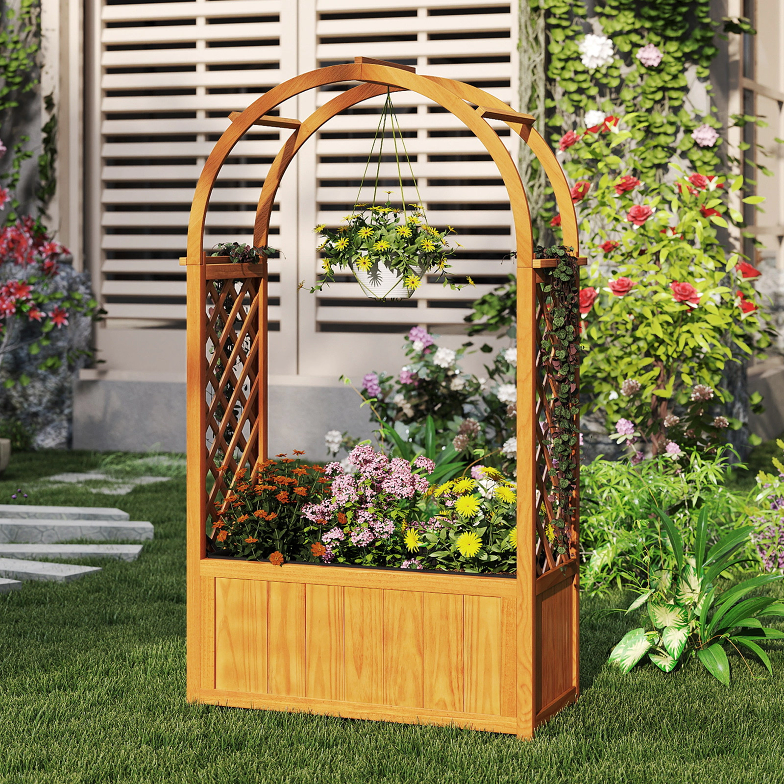 SUGIFT 57-in Tall 88-lb Capacity Pine Wood Raised Garden Bed with Dual Lattice Trellis Arched Roof and Liner