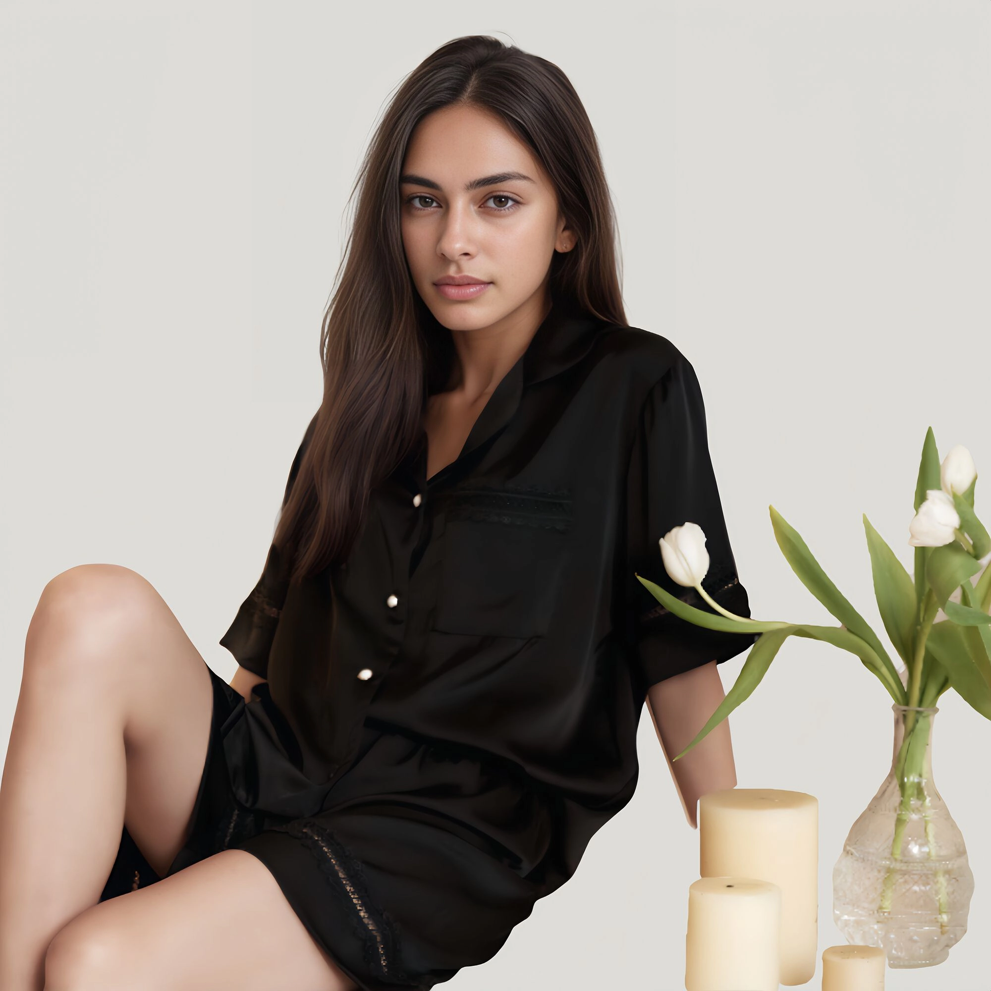 Anna-Kaci Women's Satin Pajama Set with Lace Trim Short Sleeve Button Top and Elastic Waist Shorts