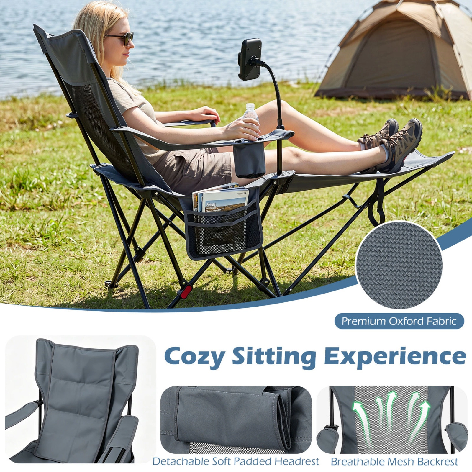 SUGIFT 2-in-1 Reclining Camping Chair with 3-Level Adjustable Backrest 330-lb Capacity Green Black Gray