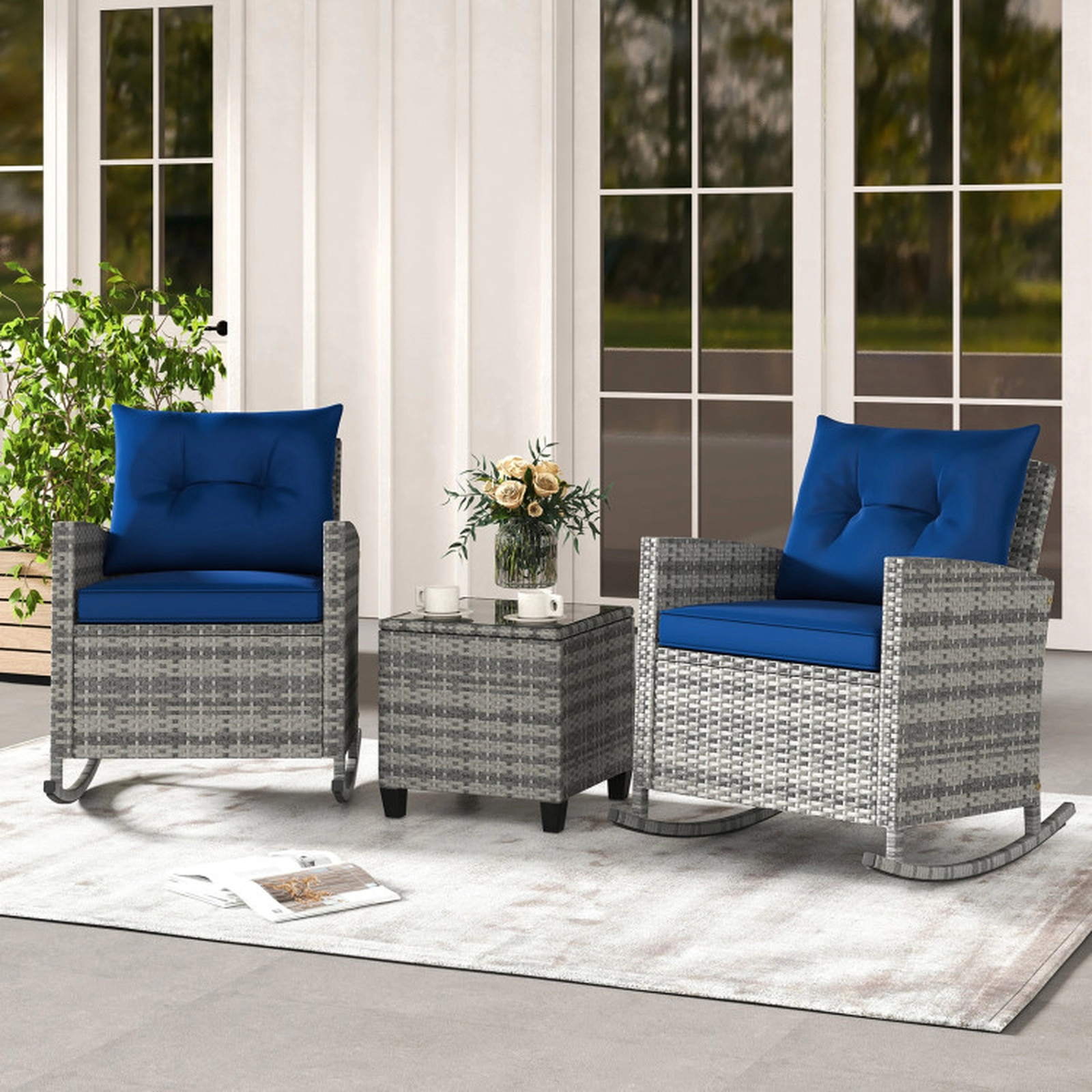 SUGIFT 3-Piece Mix Brown Outdoor Wicker Rocking Chair Set with Glass Table