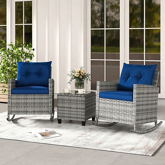 SUGIFT 3-Piece Mix Brown Outdoor Wicker Rocking Chair Set with Glass Table