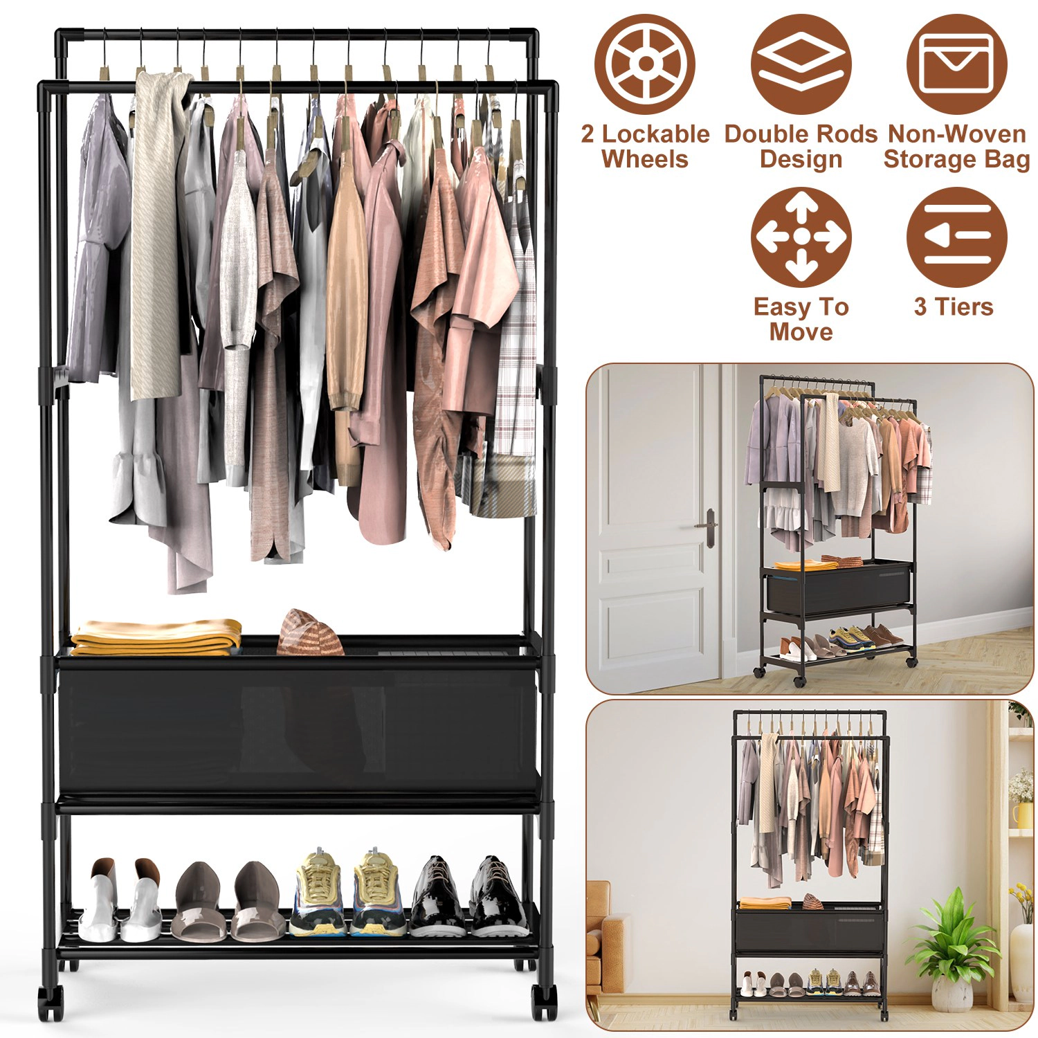 NEW Home Unisex Double-Rod Garment Rack With Storage