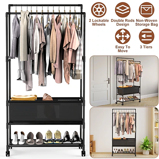 NEW Home Unisex Double-Rod Garment Rack With Storage