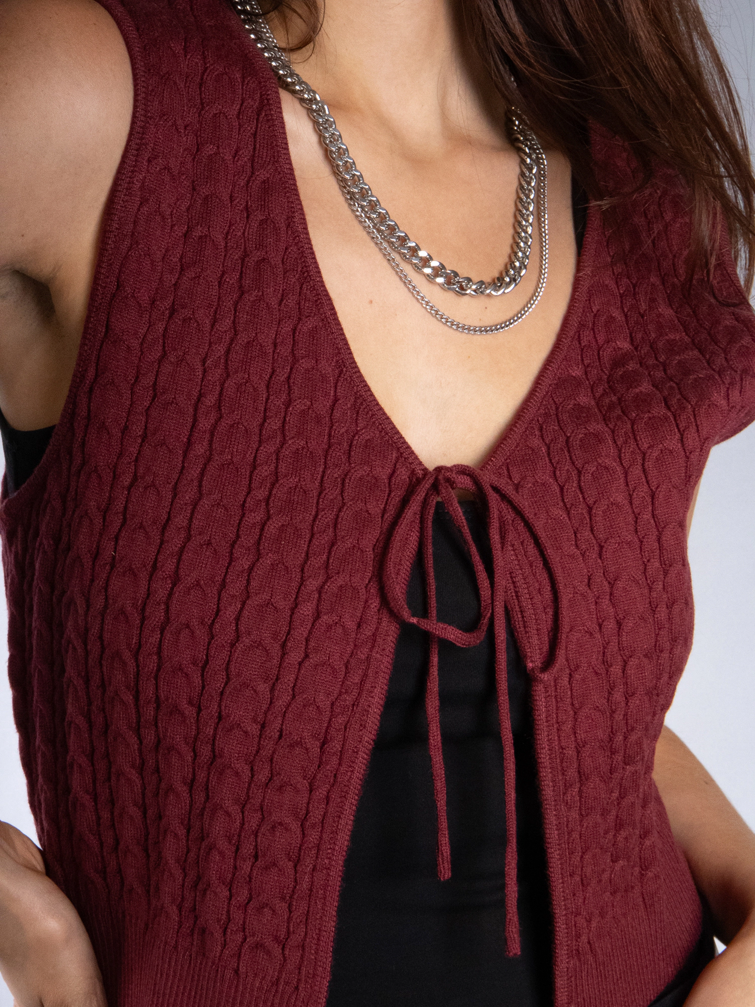 JESS by Meiko Women's Open Front Lightweight Cable Knit Tie Vest