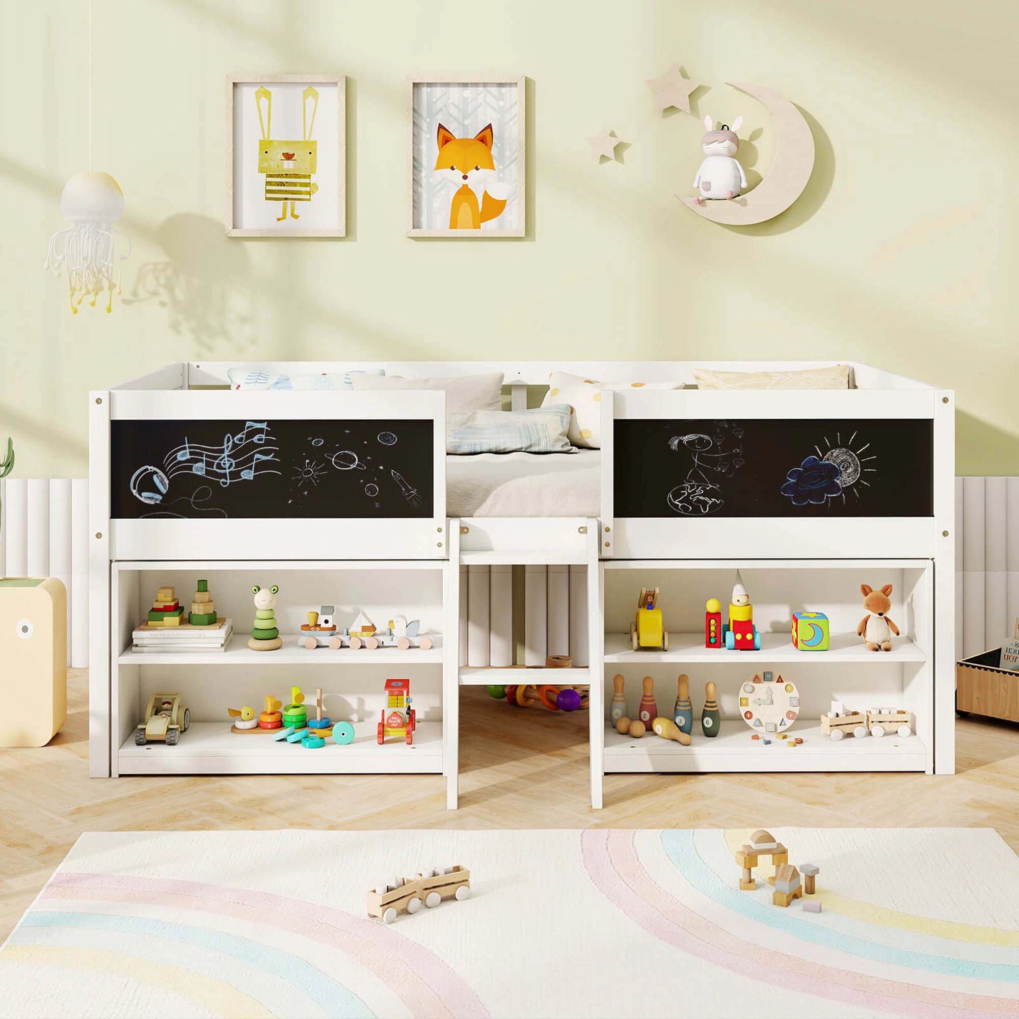 Costway Twin Size Low Loft Bed with Ramp Ladder & Bookcases Full-length Safety Guardrail White