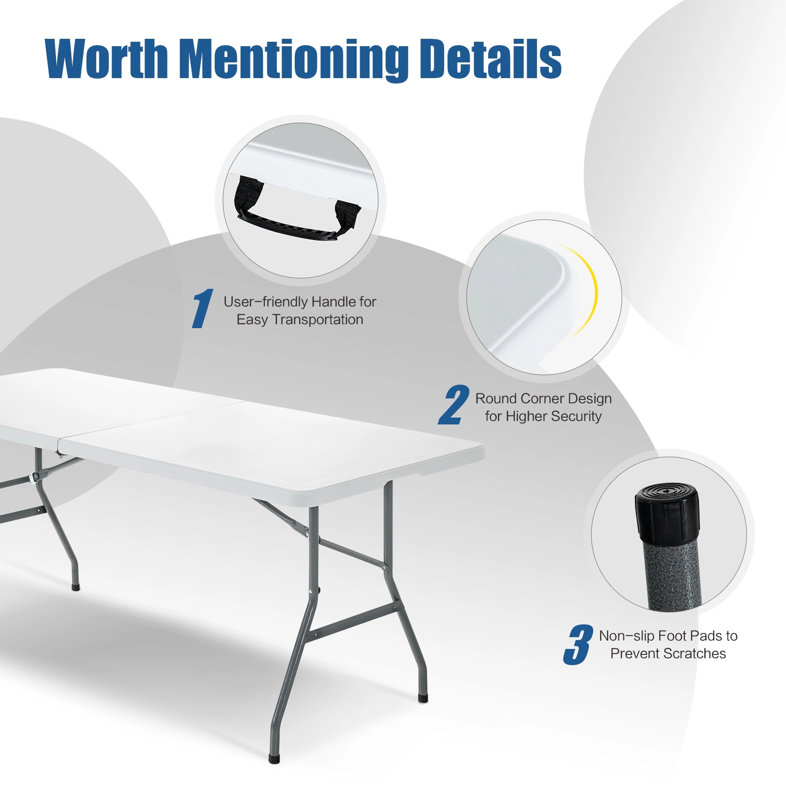 SUGIFT White Portable Folding Camping Table with Carry Handle 71-in W 29-in D 29-in H 330-lb Tabletop Capacity