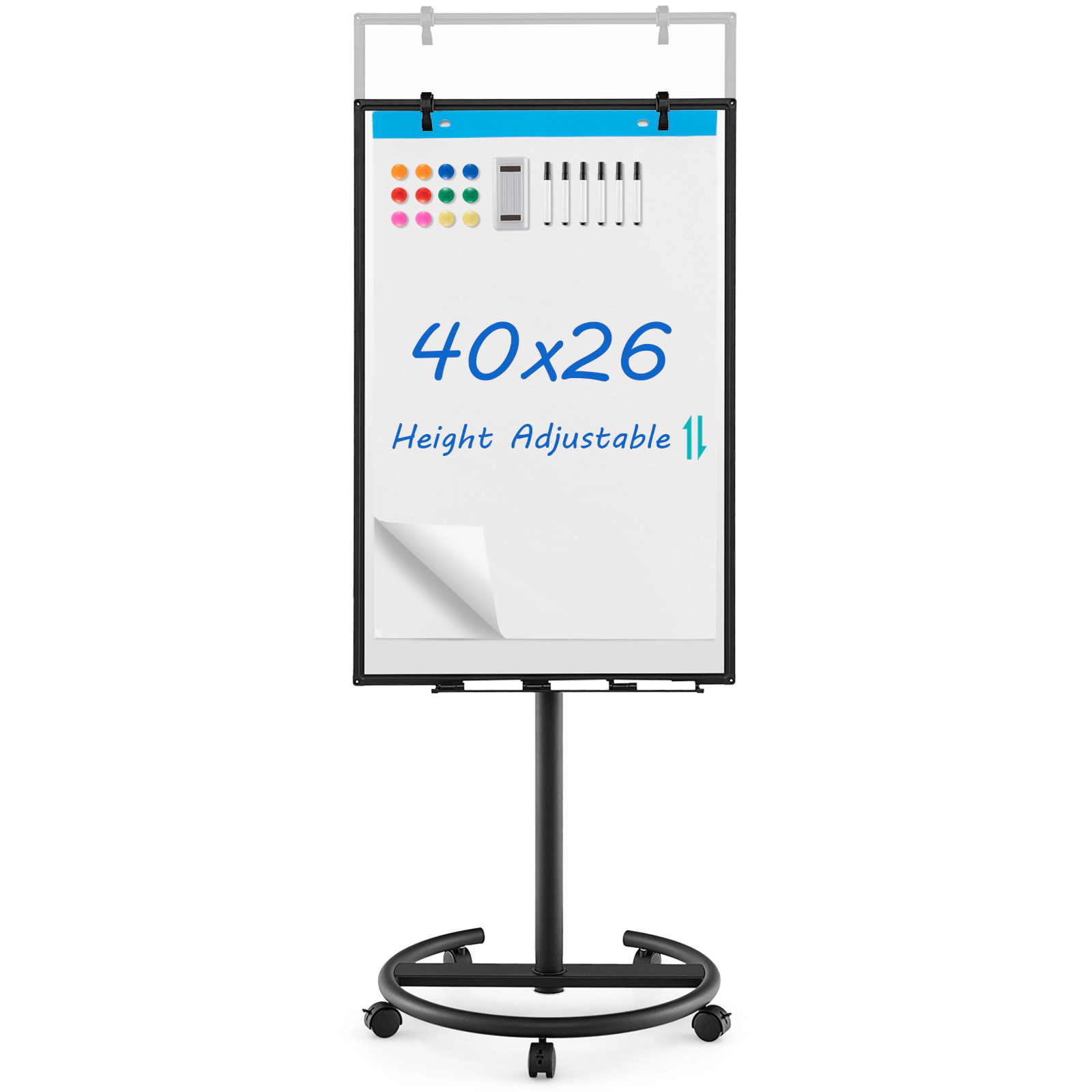SUGIFT Height-Adjustable Mobile Whiteboard with Round Stand Magnetic Dry Erase Board Black Green White