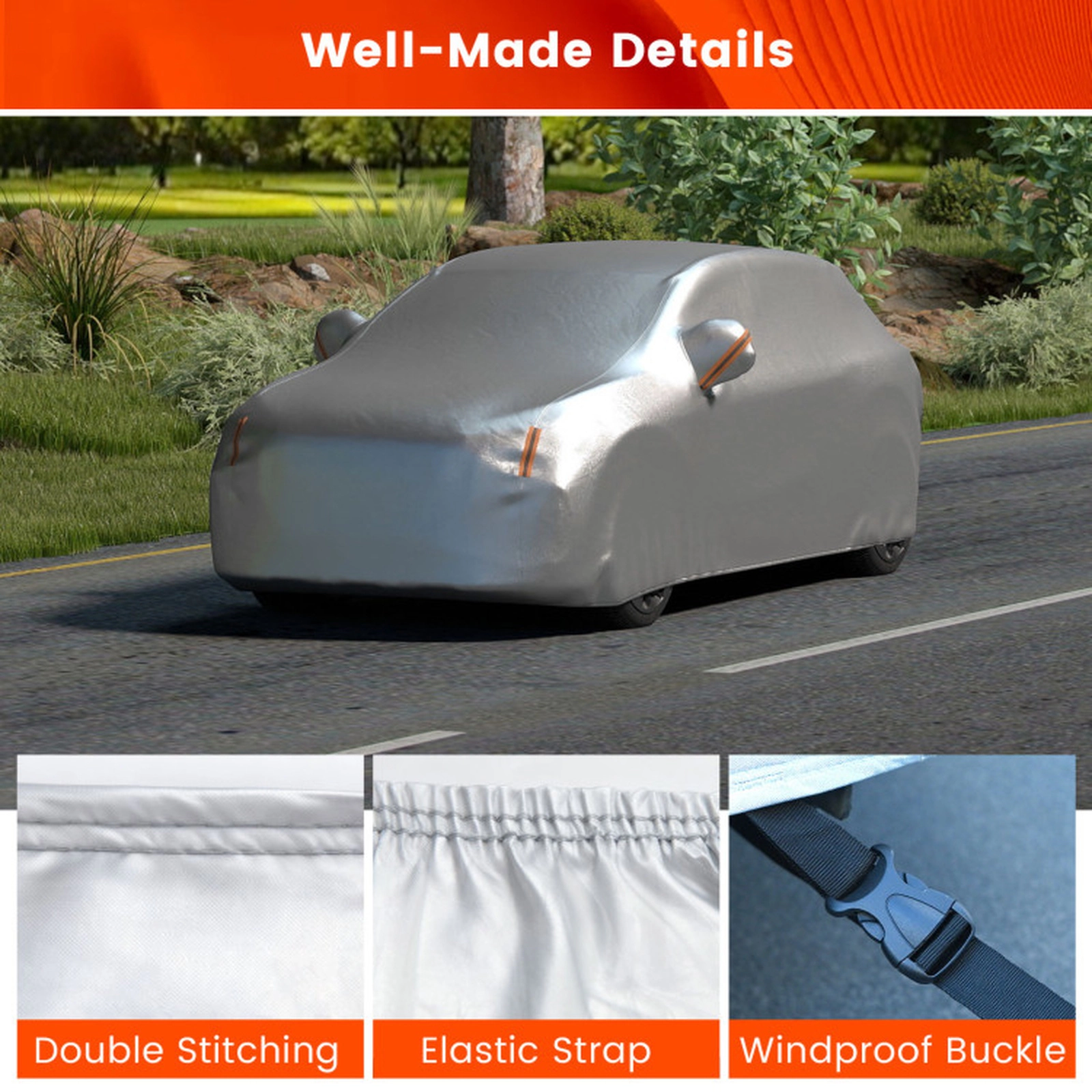 SUGIFT Silver Waterproof SUV Car Cover with Windproof Buckles and 6 Reflective Strips 200-in W 78-in D 70-in H