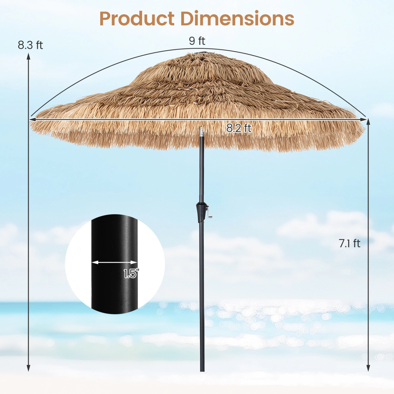 SUGIFT Solar 96-Light Thatched Tiki Patio Umbrella with 12 Lighting Modes 9-ft Canopy Natural and Black