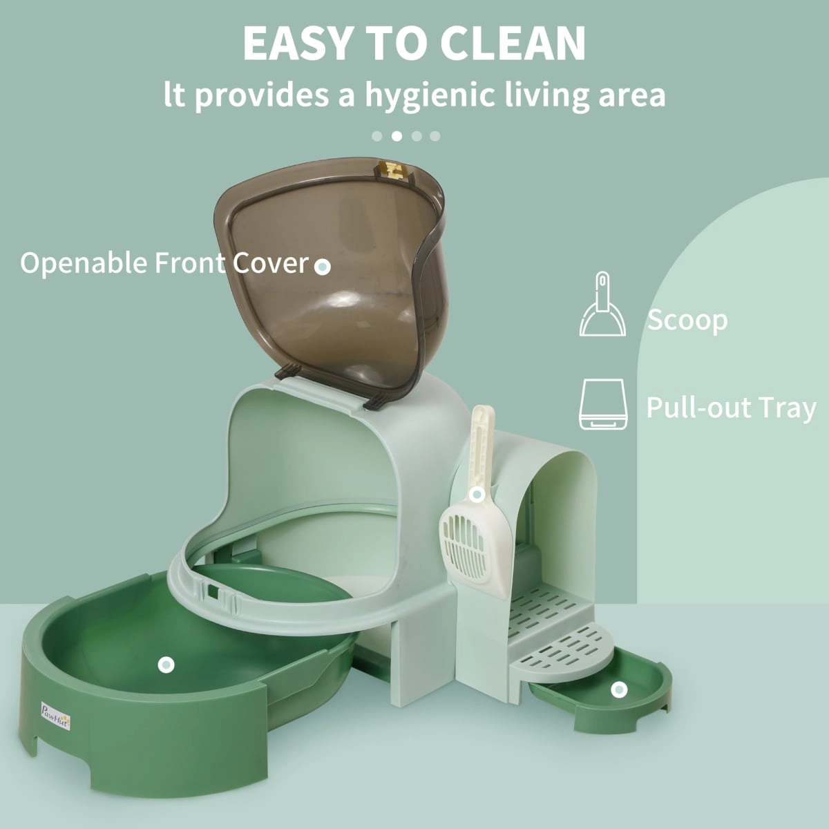 212 Main PawHut Covered Cat Litter Box with Lid, Easy-Clean Openable Front Cover & Litter Scoop, Green