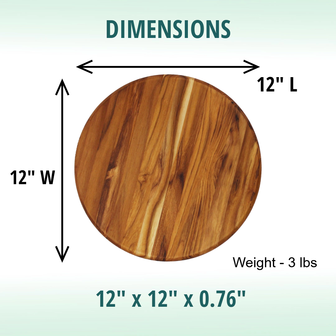 EcoDecors 12" Round Teak Cutting Board - Solid Edge Grain, Natural Finish