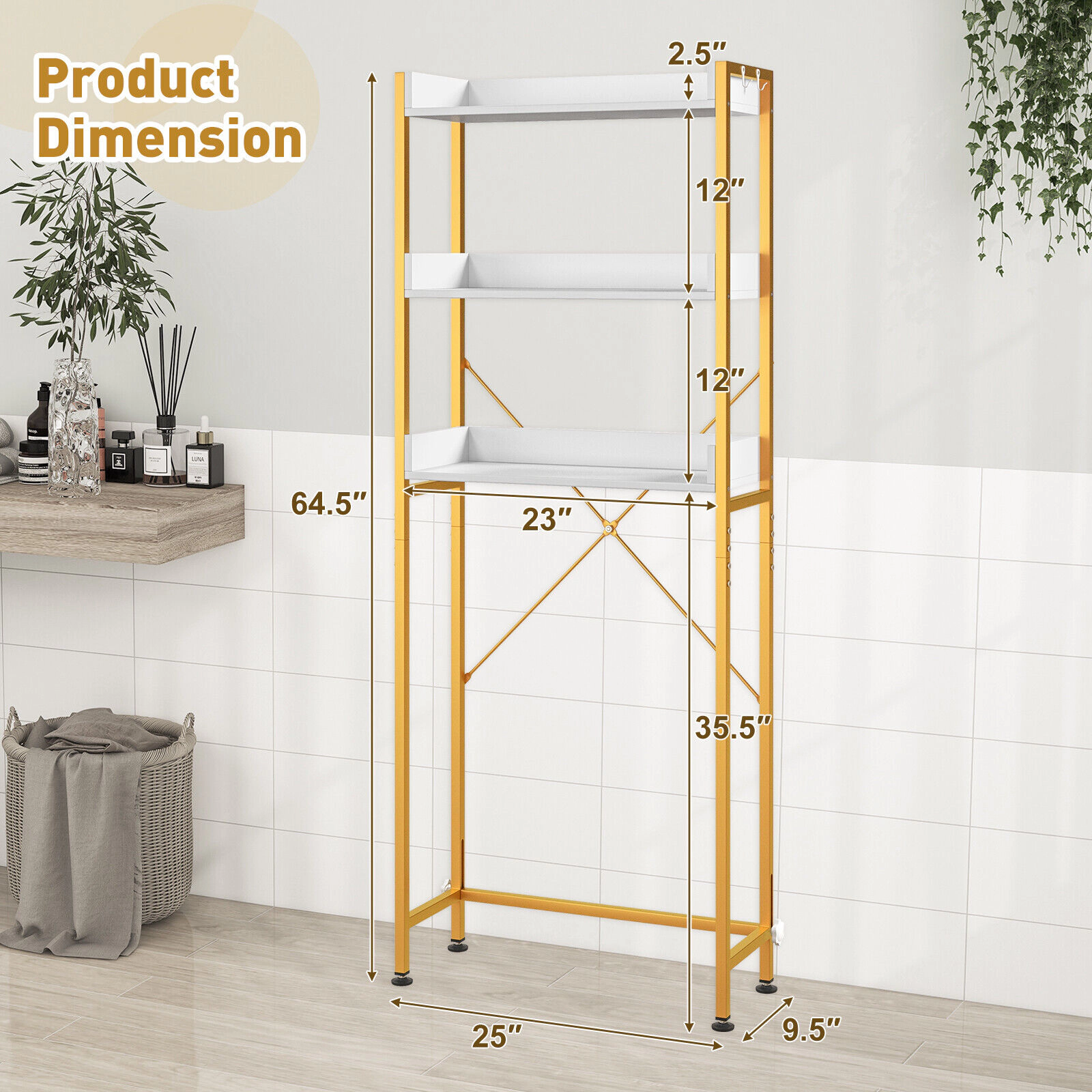 SUGIFT Over the Toilet Storage Rack White with 4 Side Hooks and Adjustable Bottom Bar