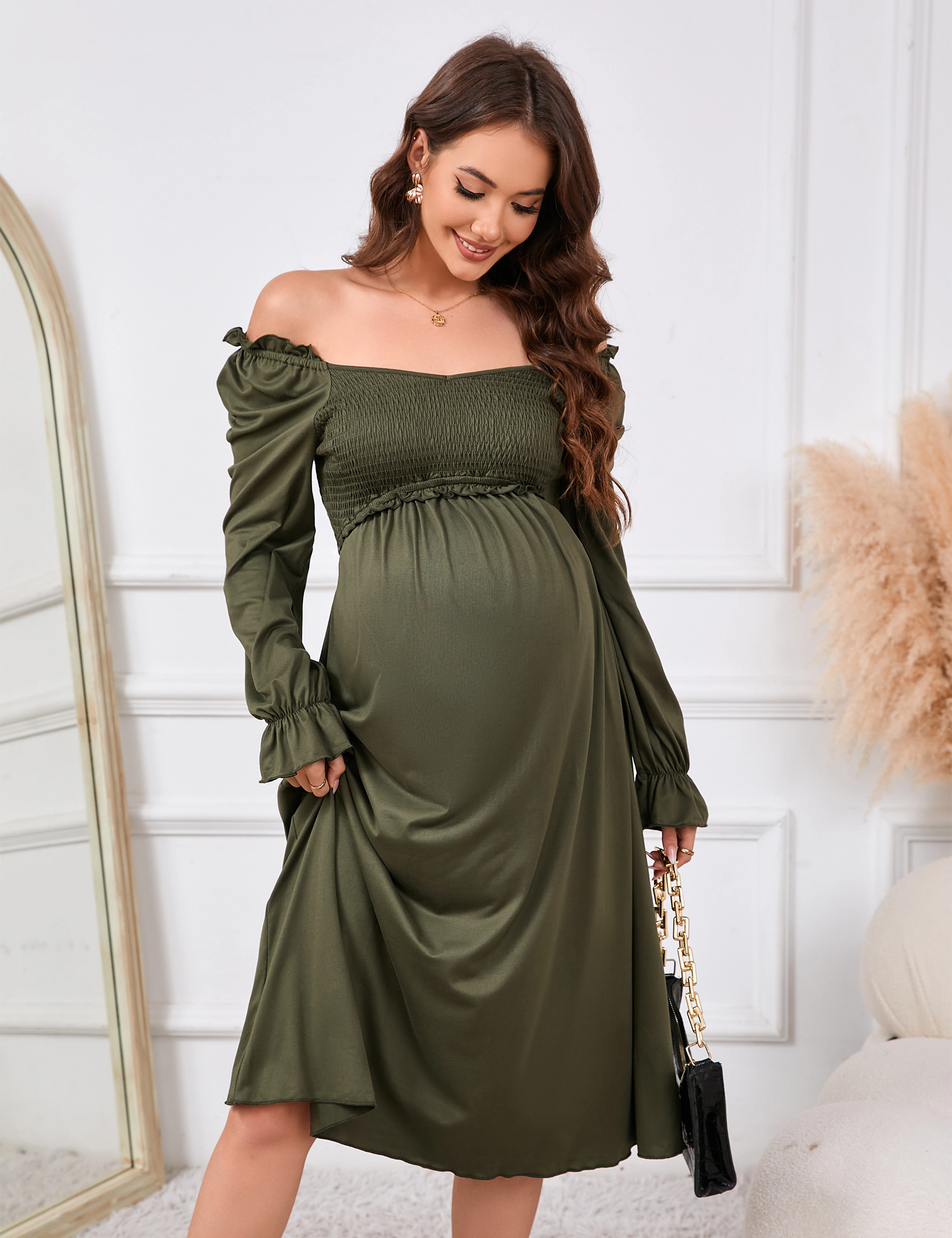 KOJOOIN Maternity Smocked Maxi Dress for Women V-Neck Long Sleeve Flowy