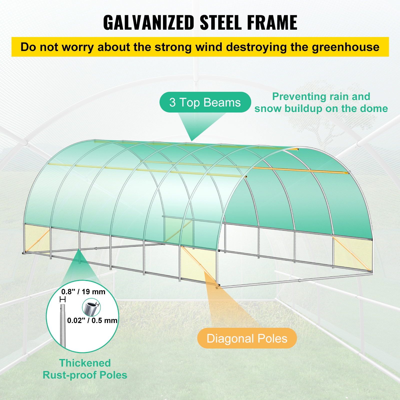 HONGGE Walk-In Tunnel Greenhouse 20 x 10 x 7 ft, Galvanized Steel Hoops, PE Cover, 2 Zippered Doors and 12 Mesh Windows