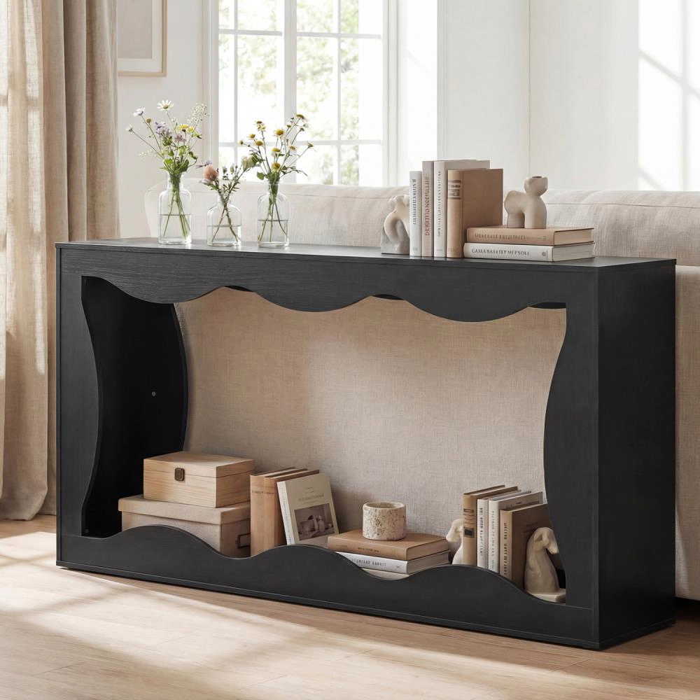 Hivvago 63 Inch Console Table 2-Tier Narrow Entryway With Wavy Edge Storage Shelf