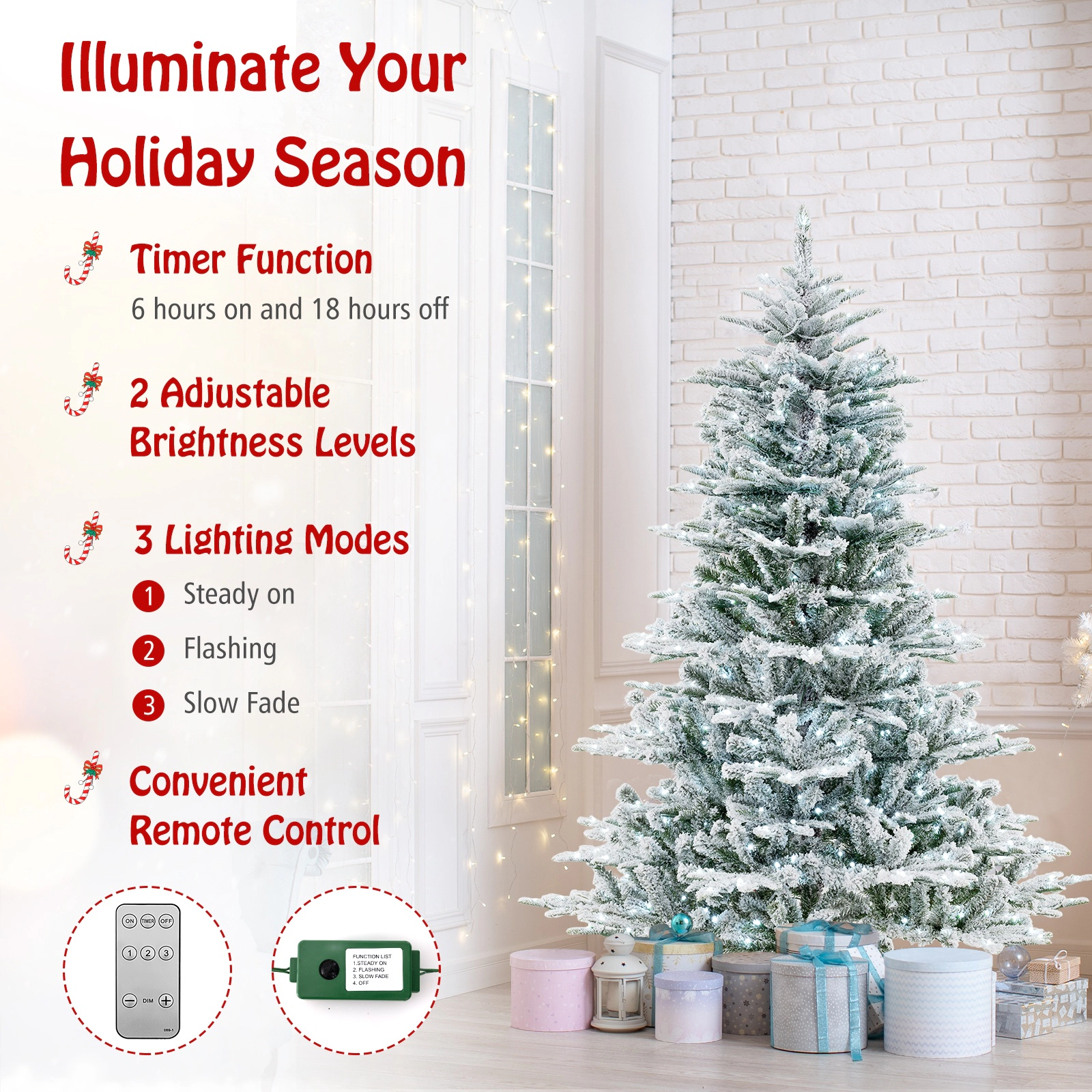SUGIFT Snow Flocked Artificial Christmas Tree 6-ft Tall with 3-Section Hinged Frame Cool White LED Lights Green+White