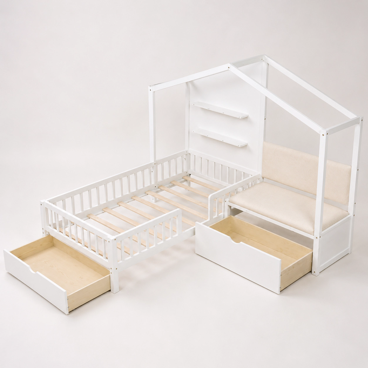 SUGIFT White Padded Bench Backrest Floating Shelves and 2 Drawers Twin Kids House Platform Bed