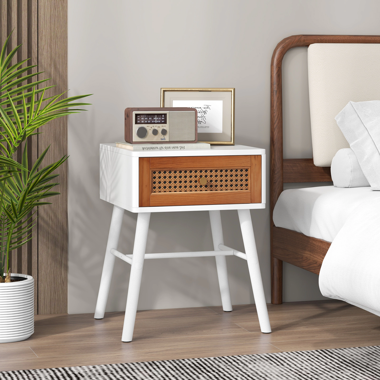 SUGIFT Rattan Drawer Mid Century Nightstand Accent Table 110-lb Tabletop Capacity White + Brown