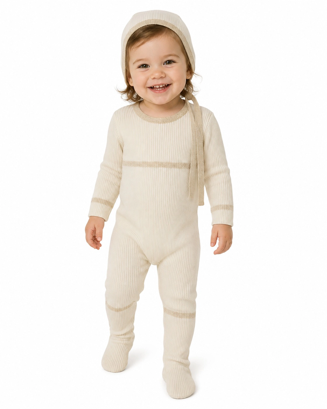 MeMoi 2 Piece Baby Lurex-Trimmed Ribbed Cotton Footie and Cap Set