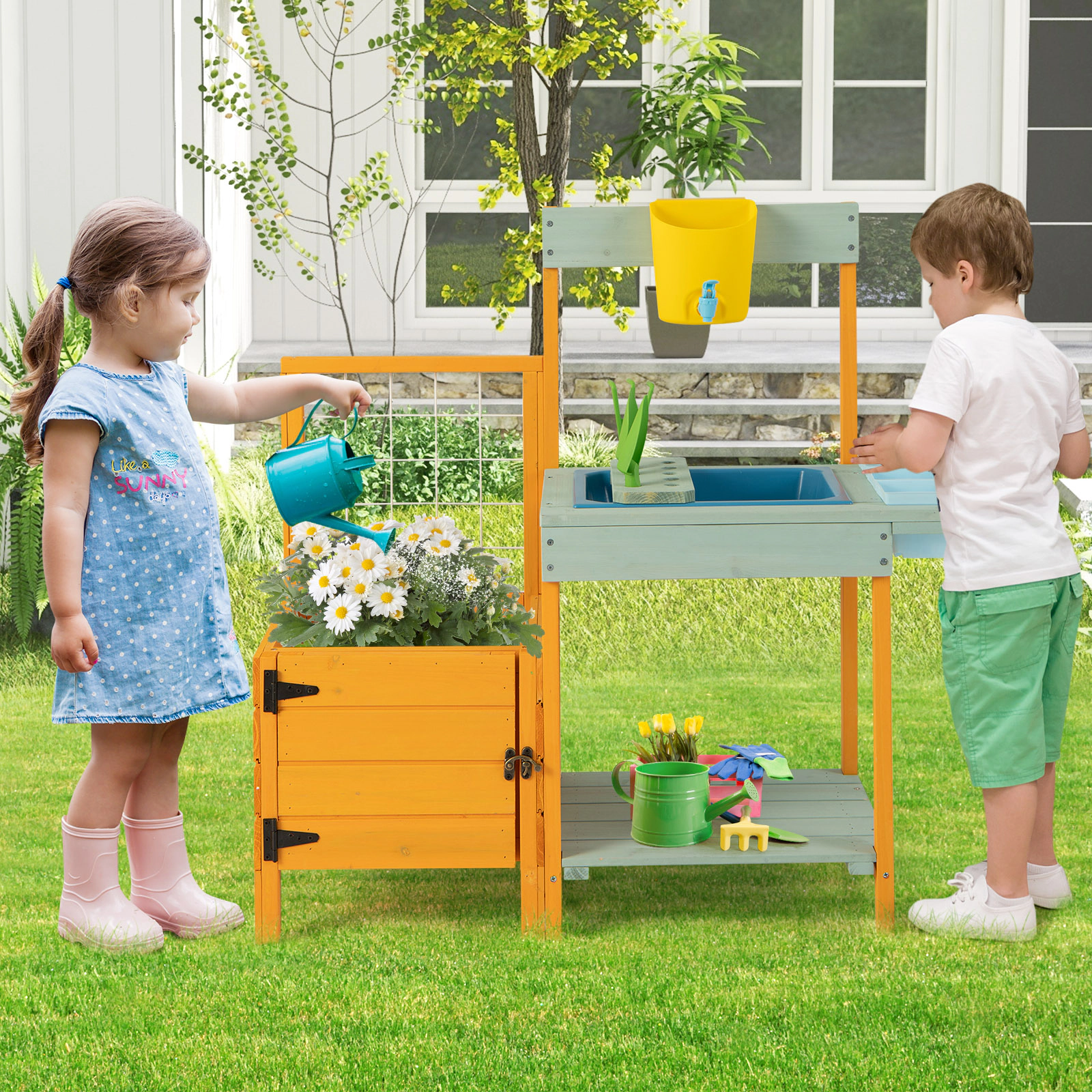 LJG Kids Outdoor Potting Bench with See-Through Window