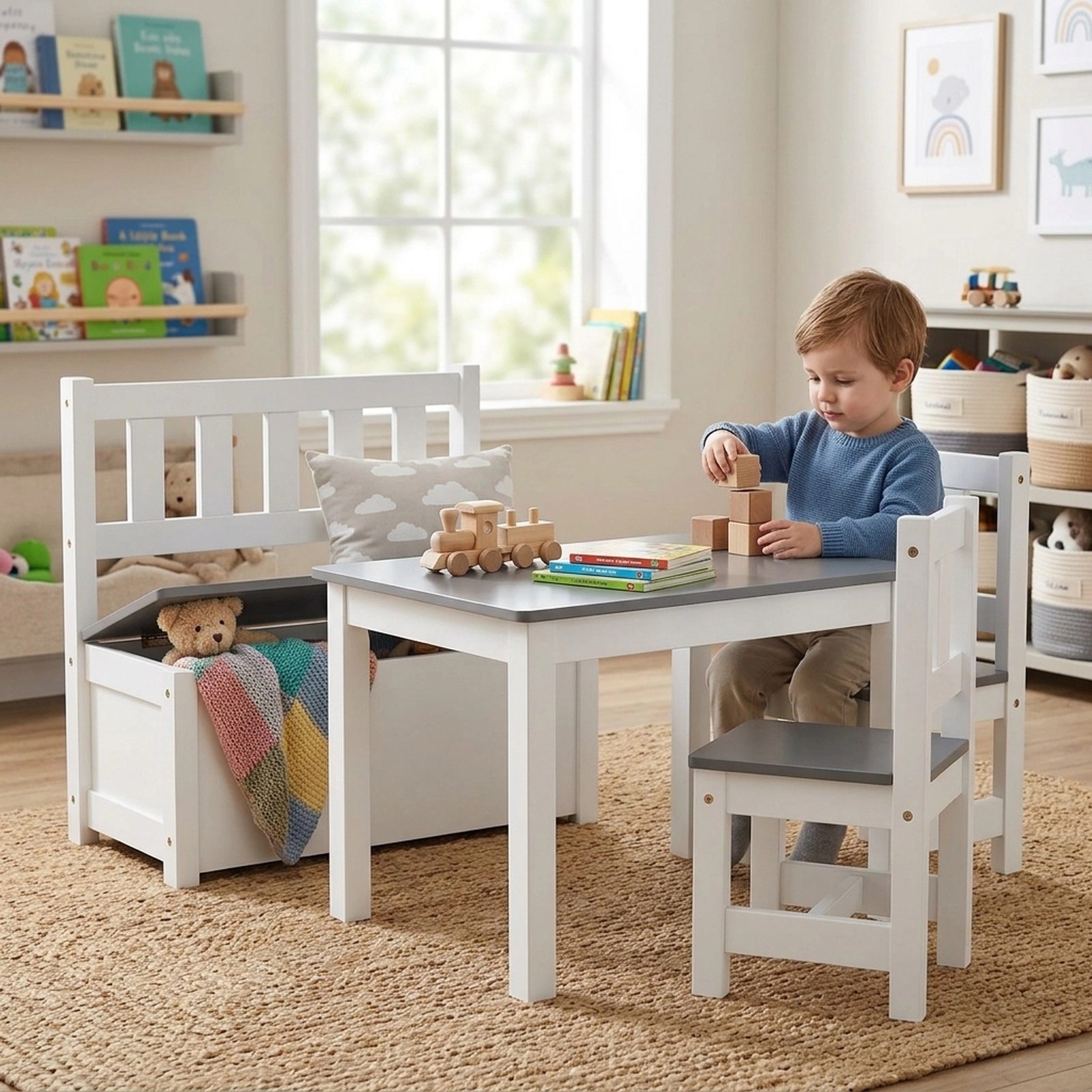 4-Piece Kids Table and Chairs Set Wooden Toddler Activity Table with 2 Backrest Chairs and Lidded Storage Bench Gray