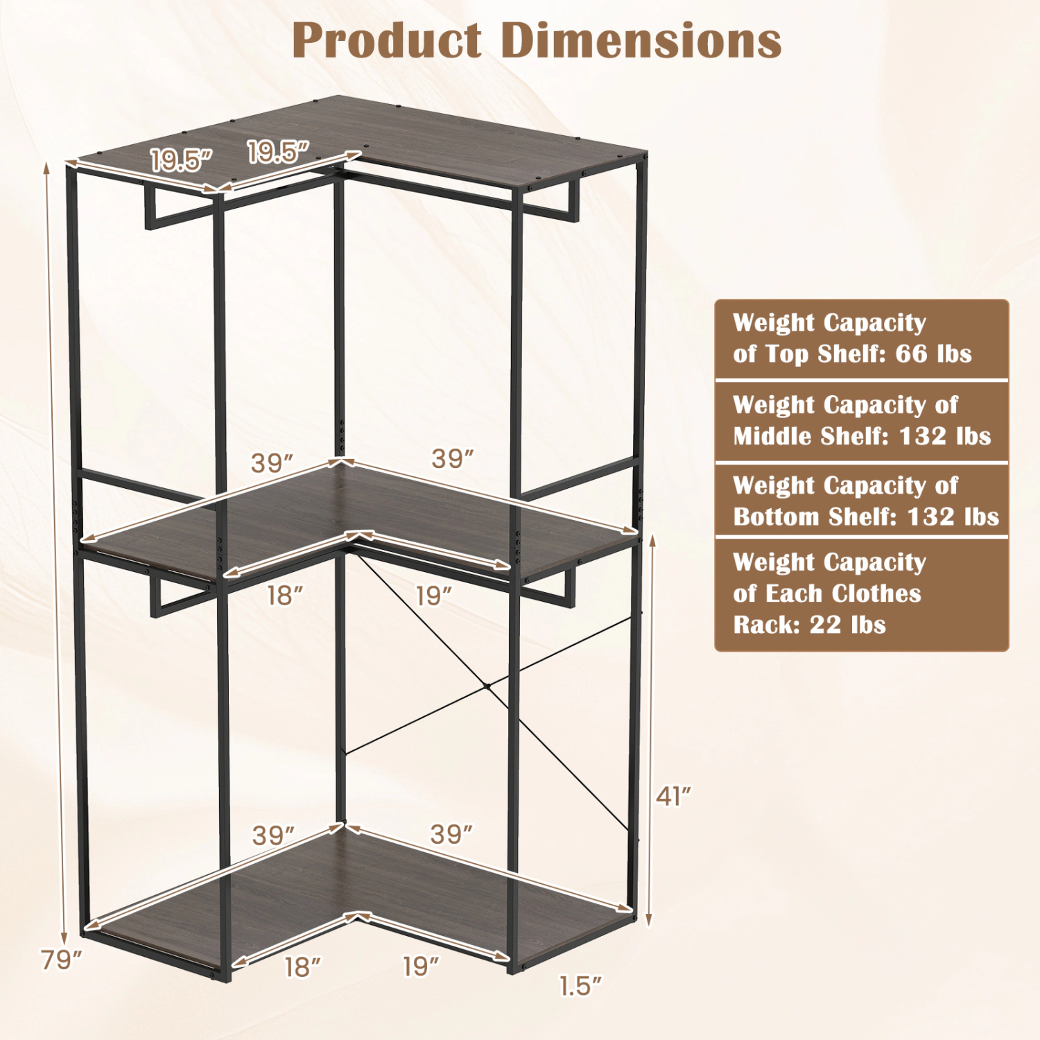 SUGIFT 3-Tier 79-in 375-lb Capacity Black Brown Heavy Duty Clothes Rack with 3 Shelves and 2 Hanging Racks