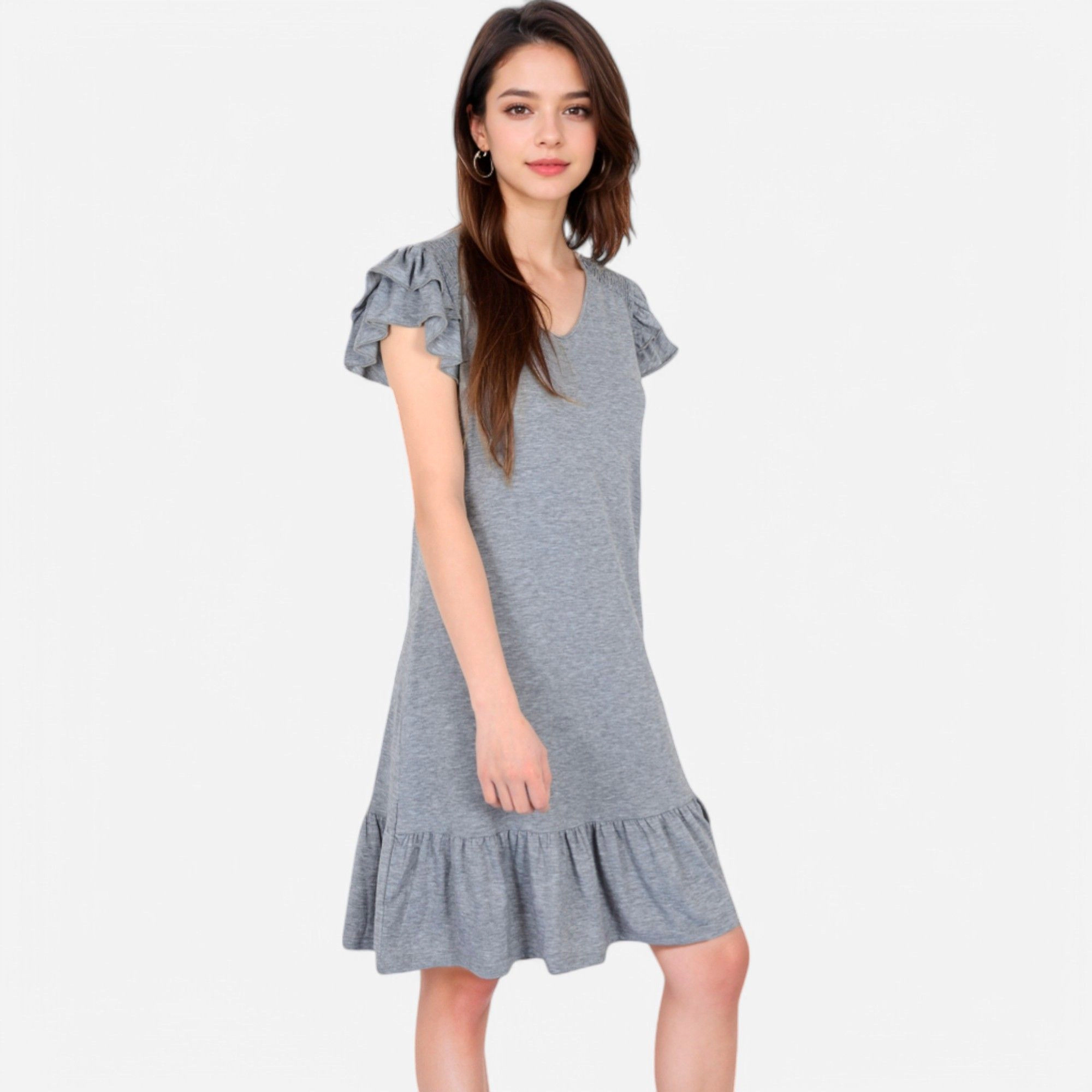 Anna-Kaci Women's Ruffle Sleeve V Neck Tiered Hem Casual Fit Dress