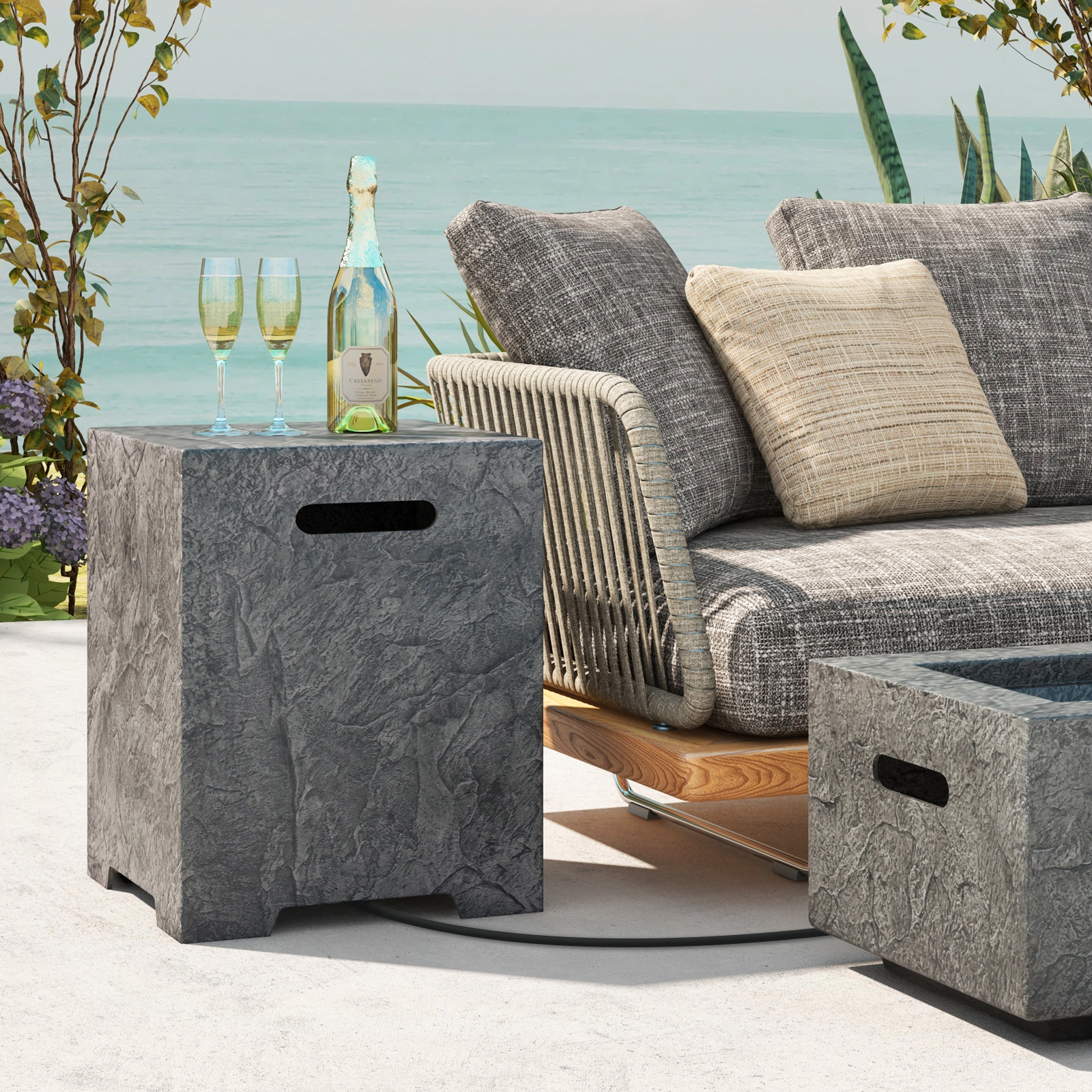 SUGIFT Propane Tank Cover Side Table for 20-lb Gas Cylinder Outdoor Fire Pit Gray
