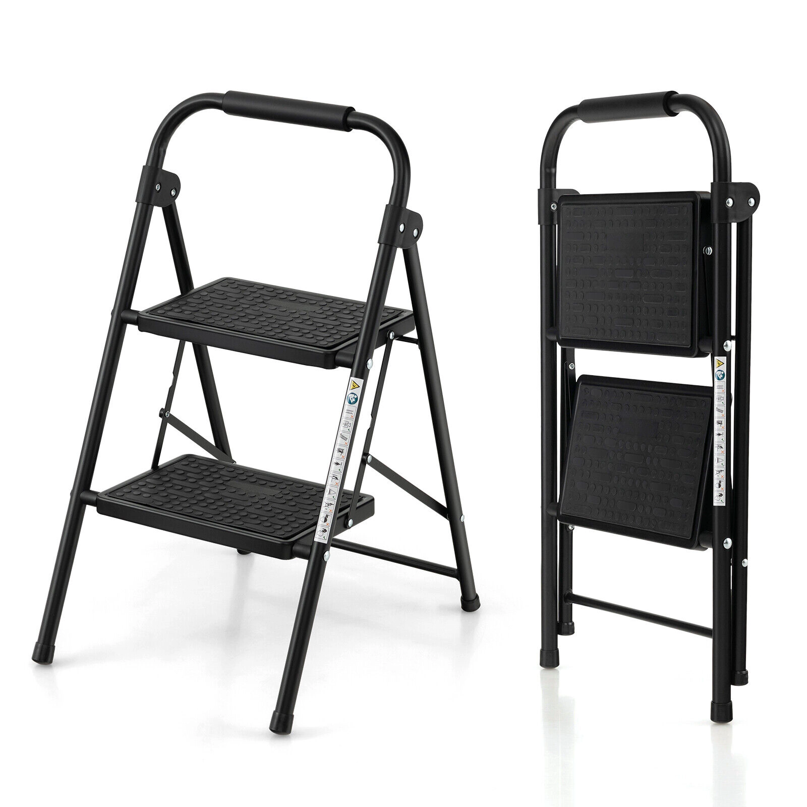 SUGIFT Folding 2-Step Metal Ladder Step Stool EVA Padded Handle Anti-Slip 330-lb Capacity 12 x 8-in Pedals Black