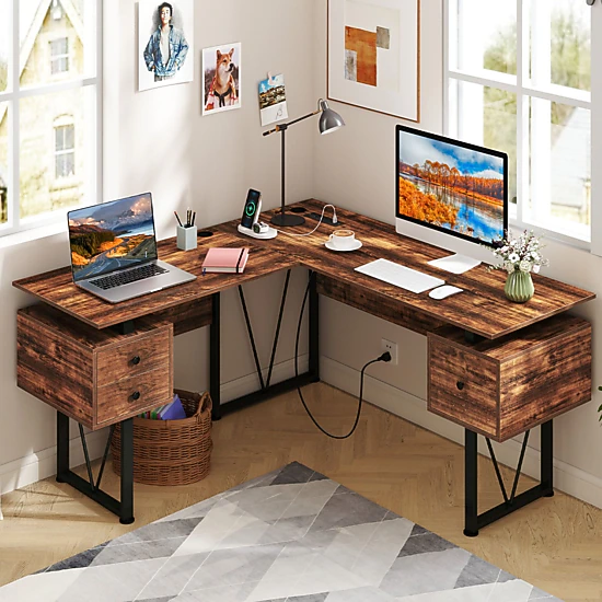 SlickBlue L-Shaped Office Desk with 3 Drawers and Power Station