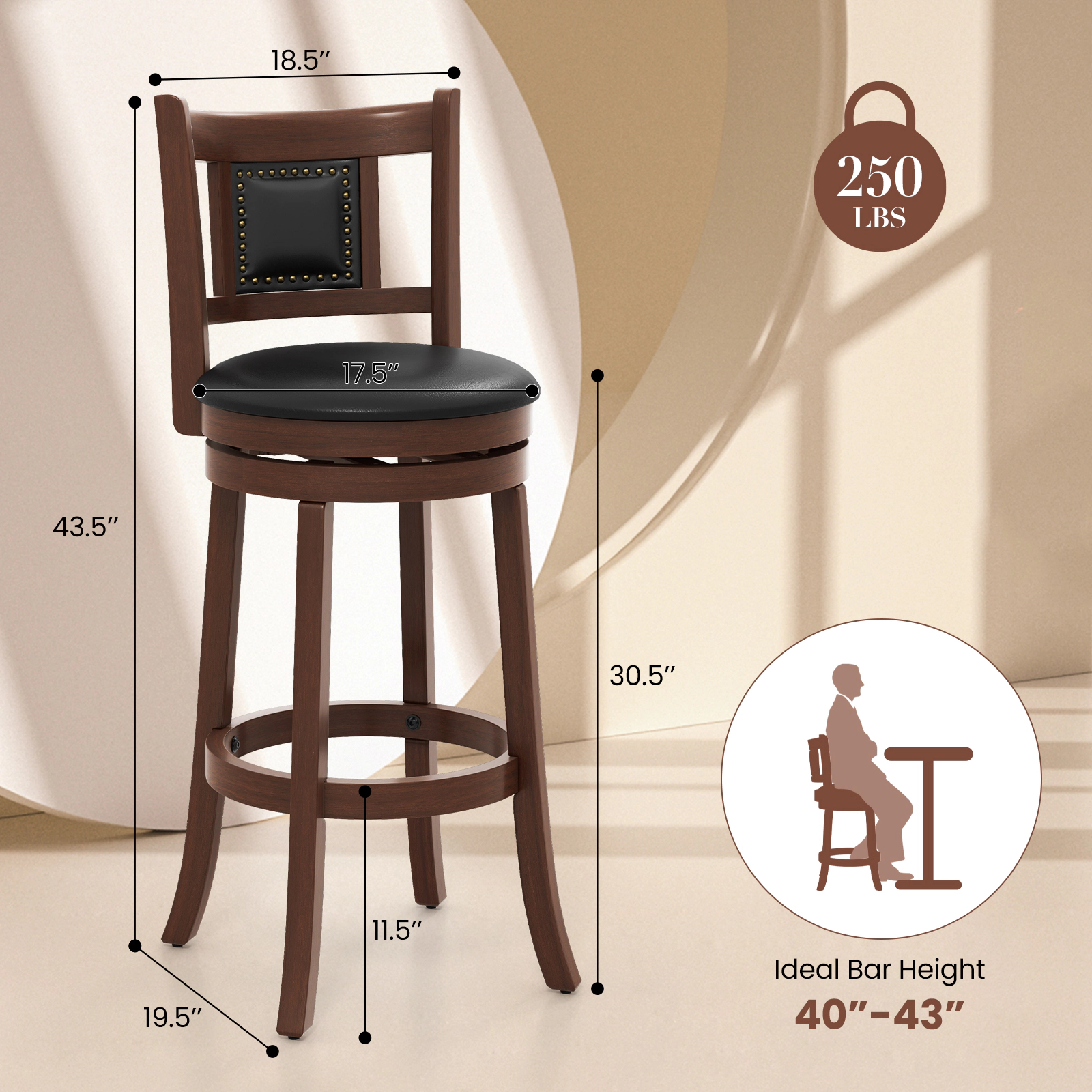 Glintex 2-Piece 30.5-Inch Swivel Bar Stool Set with Curved Backrest, Espresso & Black