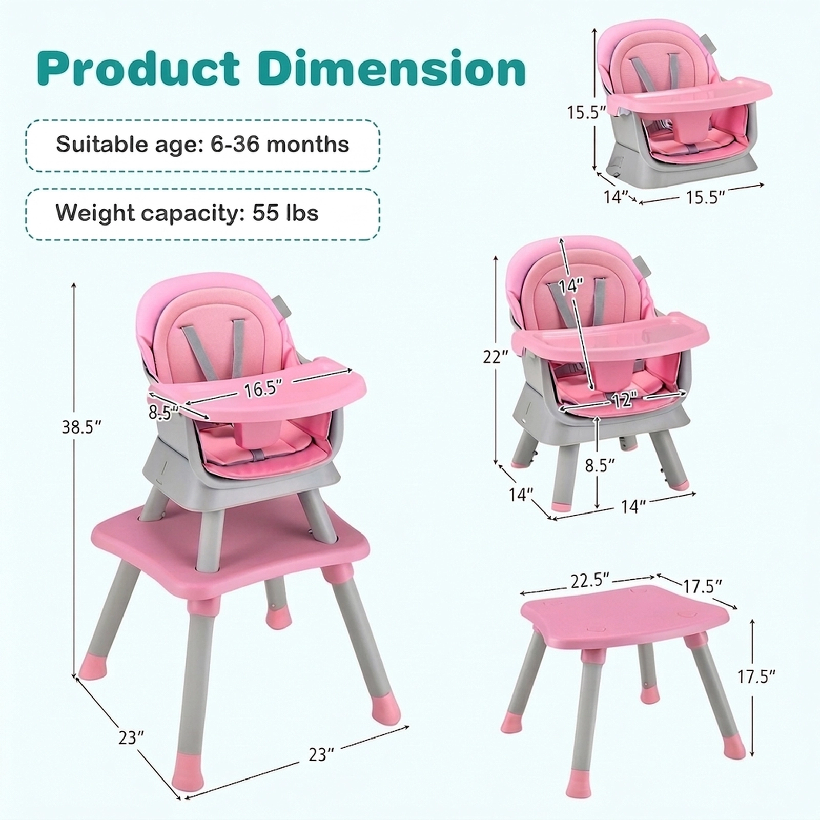 SUGIFT 6-in-1 Convertible Baby High Chair with Adjustable Removable Tray 55-lb Capacity Ages 6-36 Months Pink