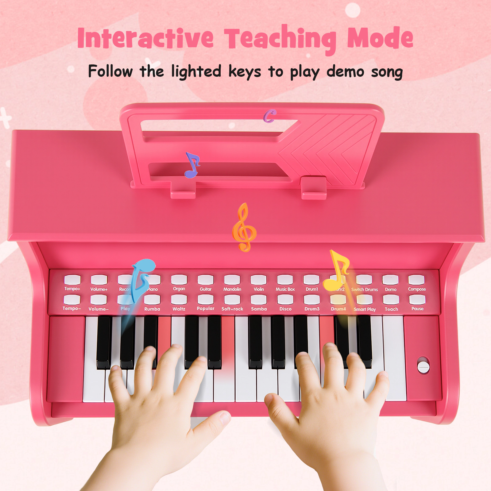 SUGIFT 25-Key Kids Piano Keyboard with Record and Playback Mini Digital Piano with Stool 15-in Wide 3+ Years Pink